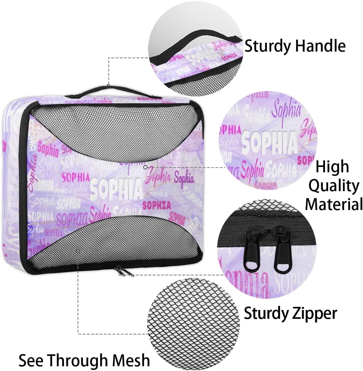 Custom Name 4 Pcs set travel luggage organizer Mesh Travel Essentials for Suitcases, Light Purple Marble Texture