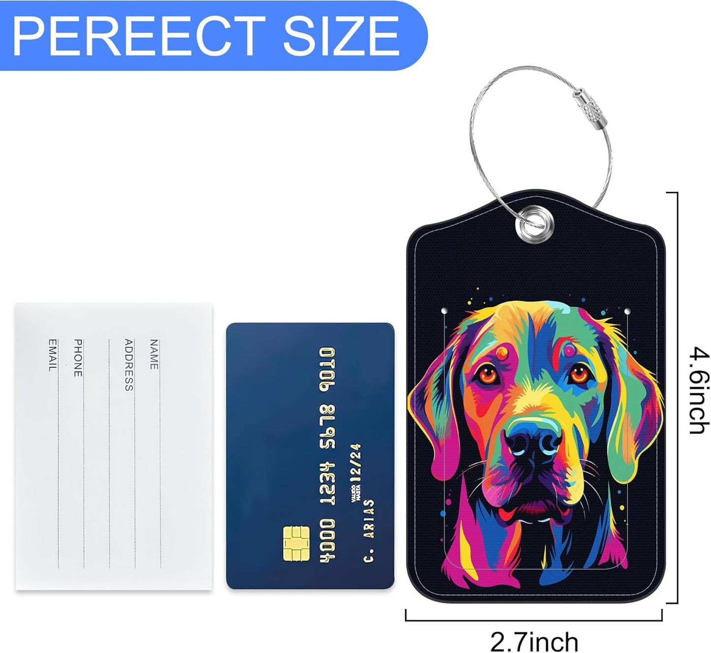 2 PCS Cute Dog Luggage Tag for Suitcase Colorful Cocker Spaniel Dog Leather Suitcase Tags with Name Address Card Label Privacy Cover and Stainless Steel Loop for Women Men