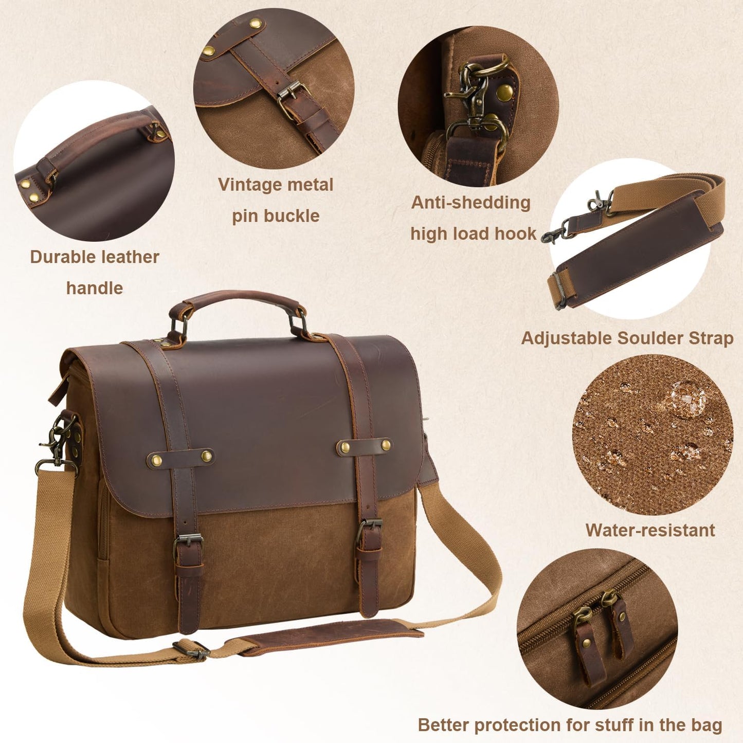 Mens Messenger Bag Waxed Canvas Laptop Briefcase 16“ Vintage Genuine Leather Crossbody Bags Waterproof Satchel Shoulder Bag