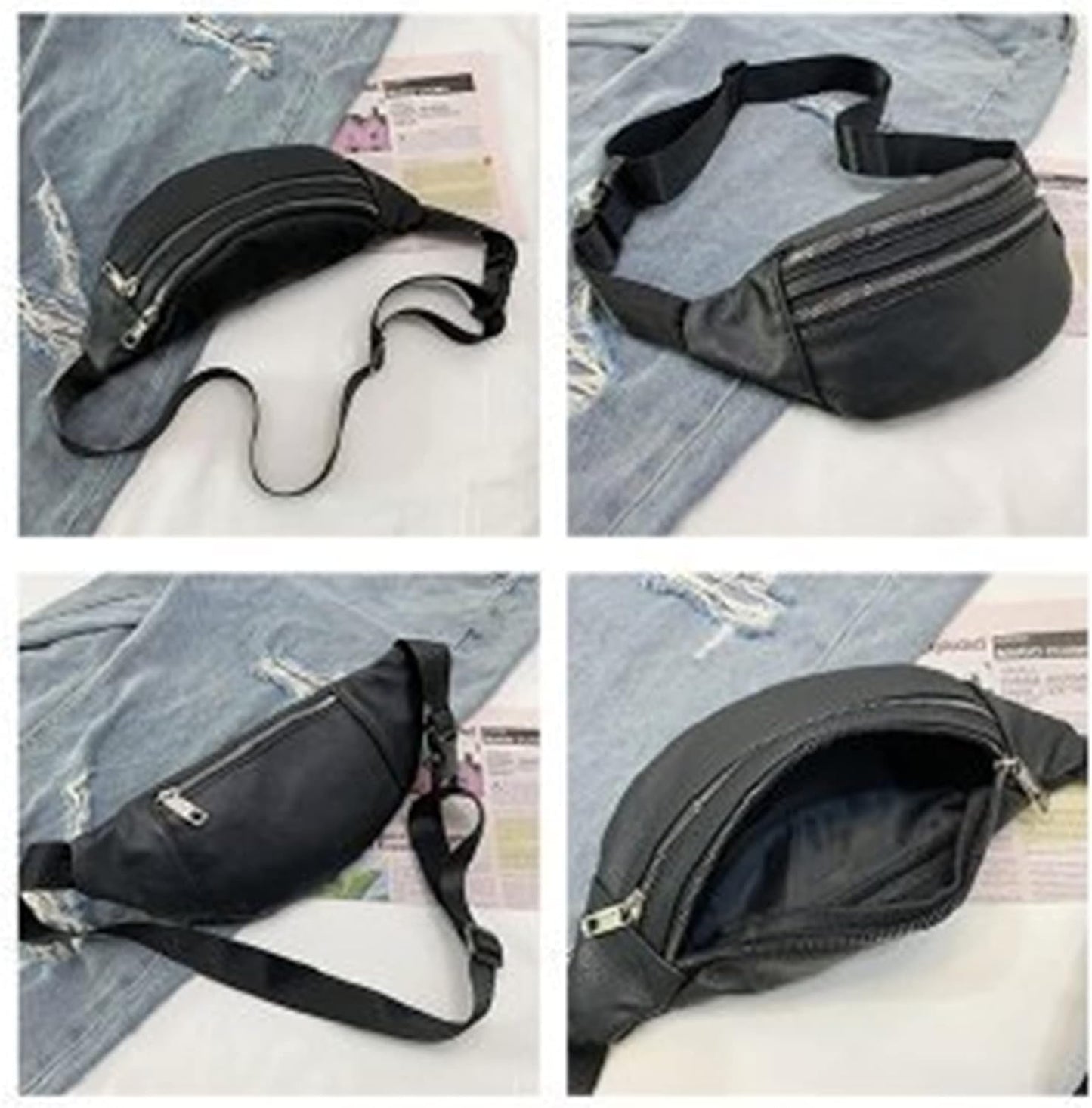 leather Fanny pack, Outdoor travel waist Pack Cowhide Leather Large Size 2 Pockets waist bag.Suitable for outdoor mountaineering, travel, camping, cycling, running, etc.（black-F）