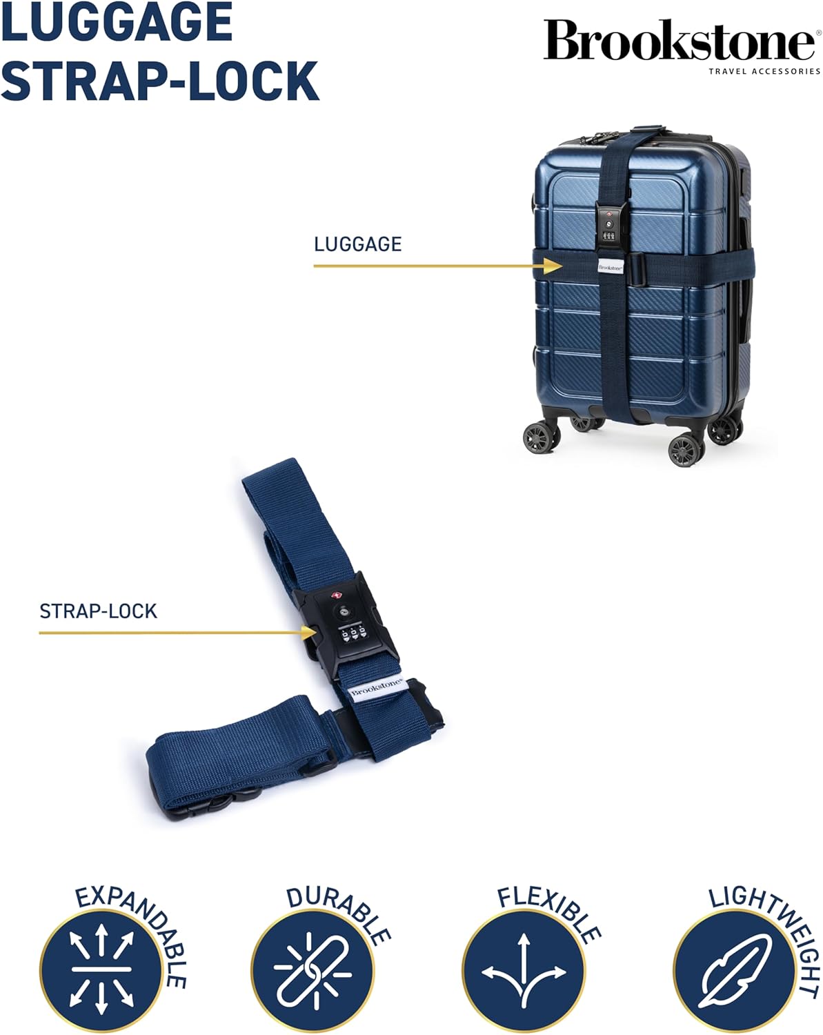 Brookstone Luggage Strap - 2-in-1 TSA-Approved Expandable Luggage Straps for Suitcases with Keyless 3-Digit Combination Lock, Size One Size, Blue