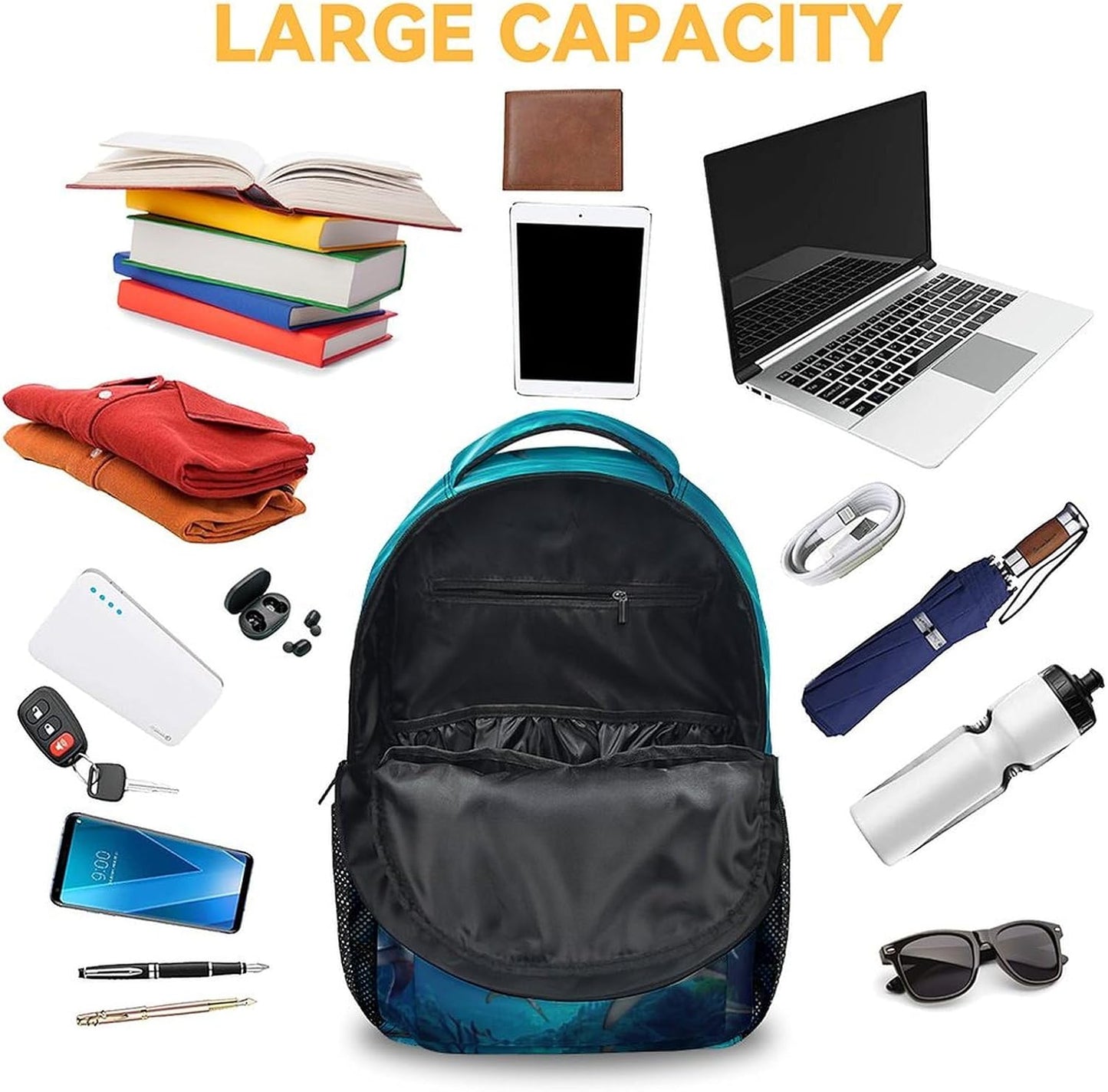 Shark Backpacks for Boys, Large Capacity Backpack for School, Cute Blue Lightweight Bookbag for Kids