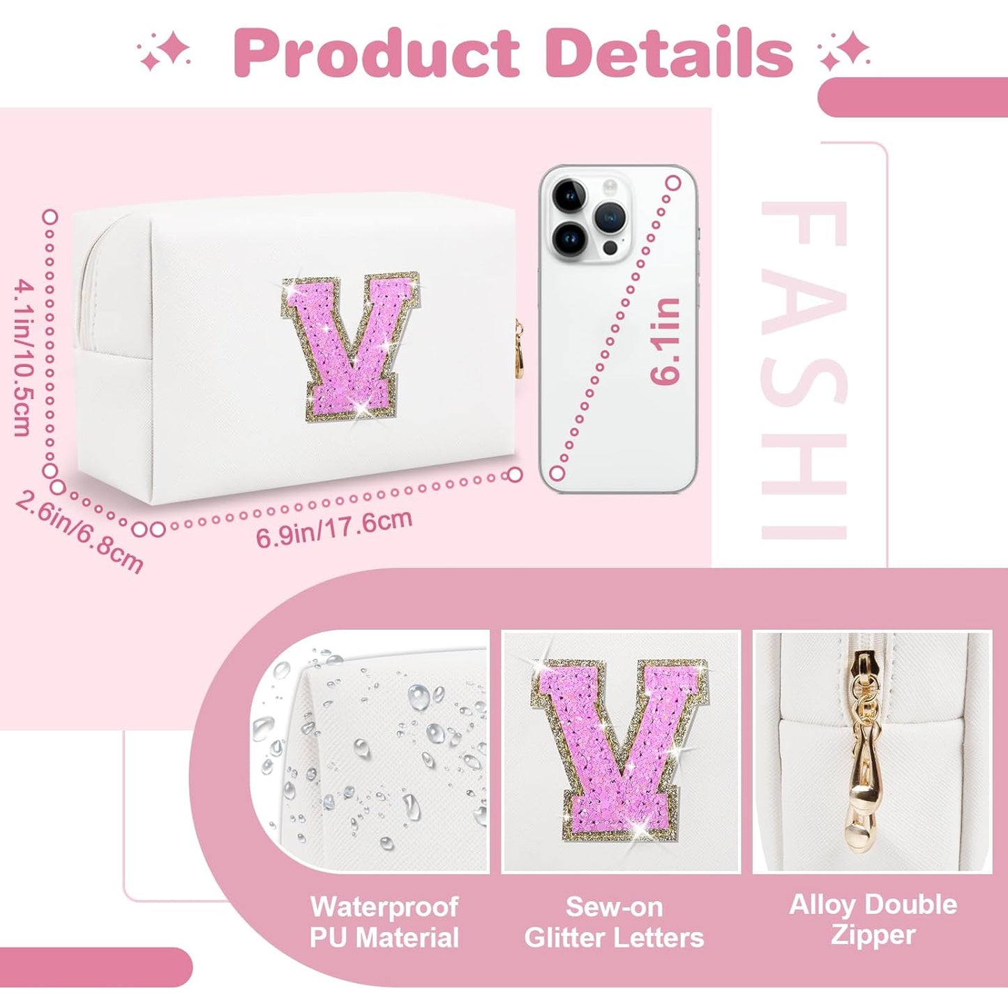 Small Initial Patch Makeup Bag Personalized Gifts Make Up Bag,White Cute PU Leather Glitter Letter Cosmetic Bag with Zipper,Trendy Portable Travel Toiletry Pouch,Preppy Stuff for Teen Girls Women V