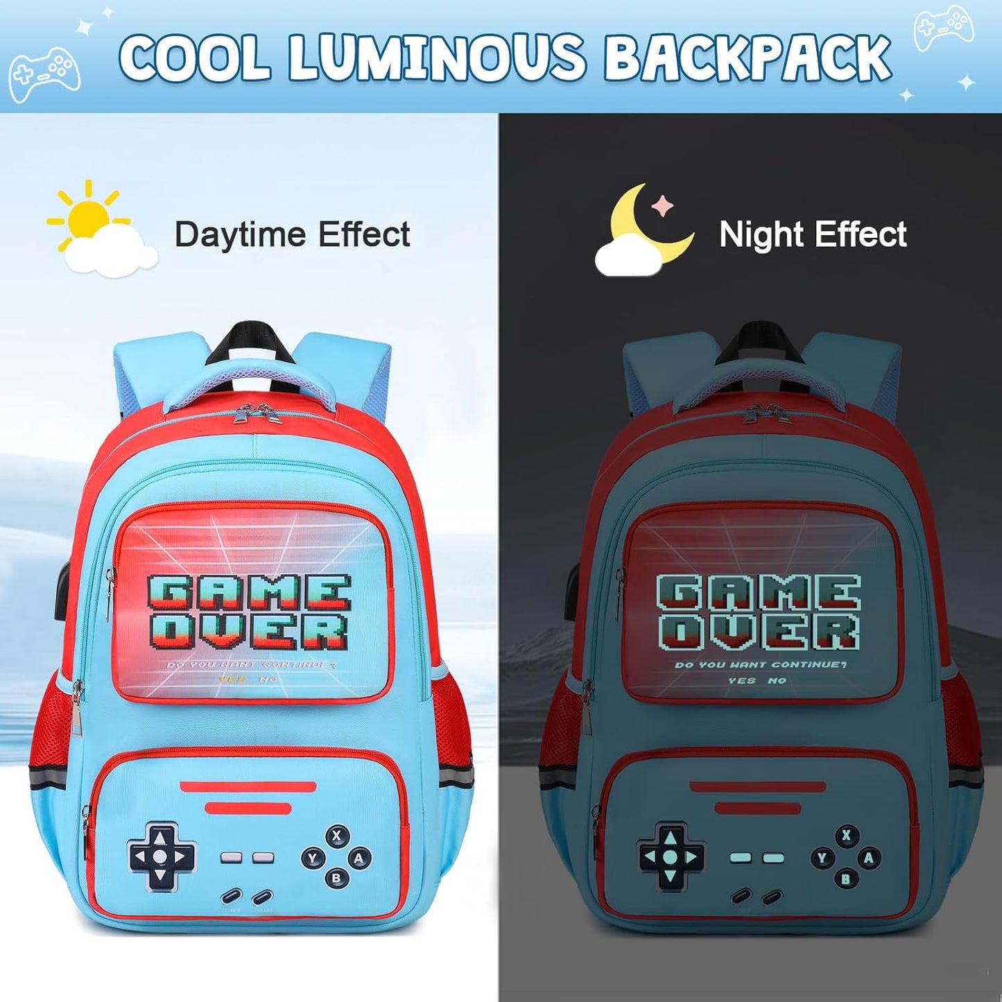 Gamer Backpack for Boys - Cool Luminous School Bag with Lunch Bag Pencil Case - Kids Backpack Elementary Middle School Book Bags for Teen Boys with USB Charging Port (Blue Red)