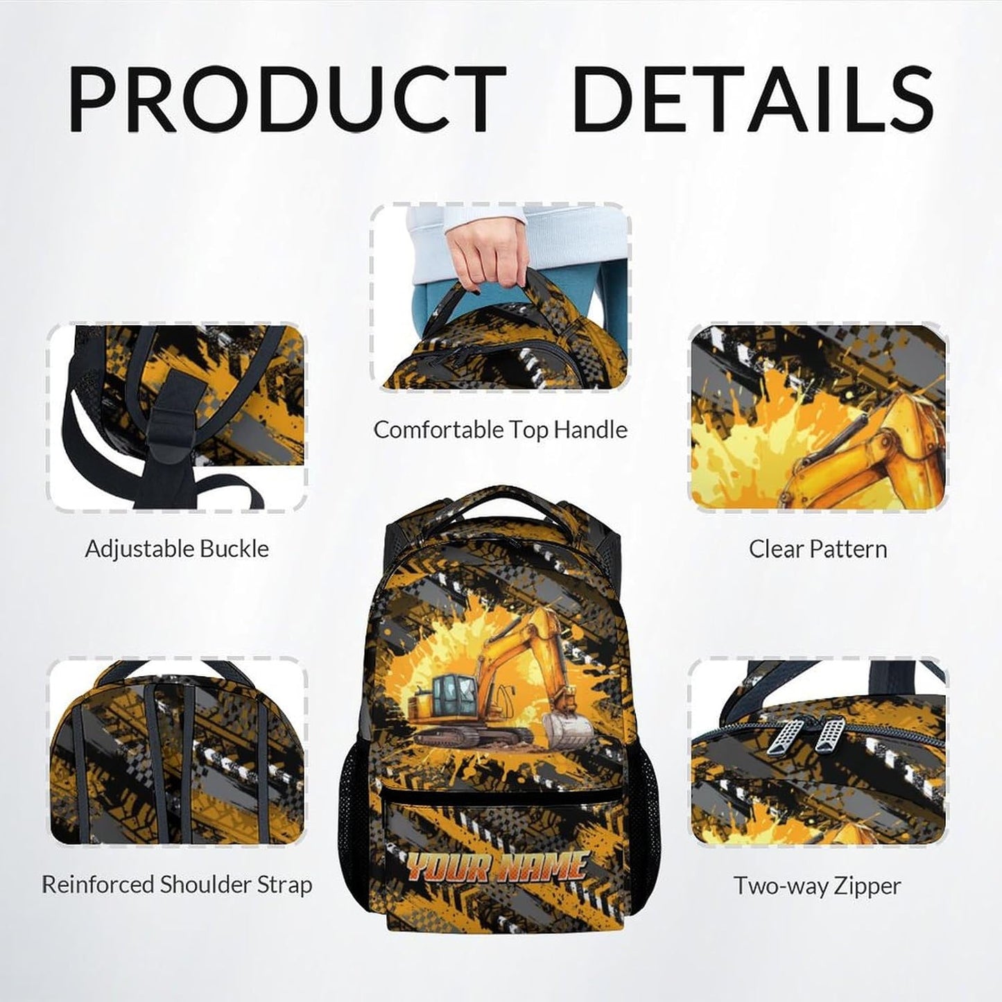 Mercuryelf Kids Backpack with Lunch Box - 17 Inch Custom Excavator Backpack Set for School, Travel - 3 in 1 Cool Bookbag for Boys