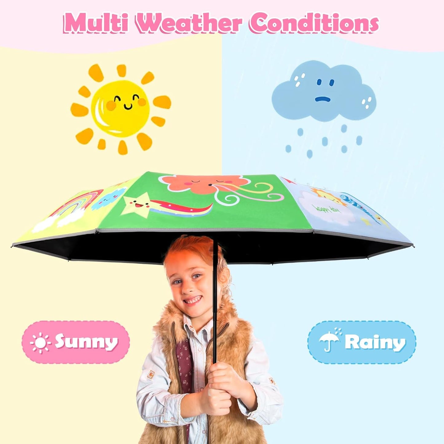 Kids Folding Umbrella Auto Open/Close Anti-rebound Safe Design UV Resistant Automatic Children Travel Umbrellas 8 Rib Reinforced Canopy 360° Reflective Strip Lightweight Cute Umbrella for Girls & Boys