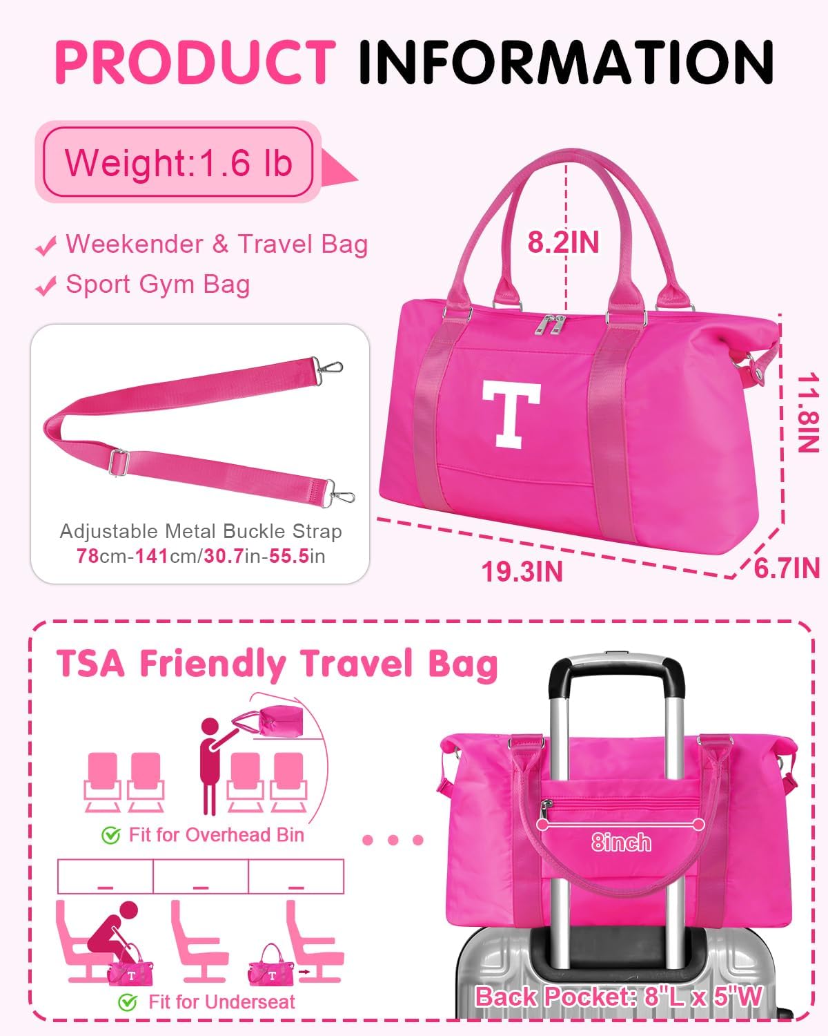 Overnight Bag for Kids Teen Girls Weekender Dance Bag Birthday Graduation Gifts,Initial Travel Duffel Bag Sports Gym Bag Personalized Weekender Bag Carry On Bags Preppy Gifts for Women(Hot Pink, T)