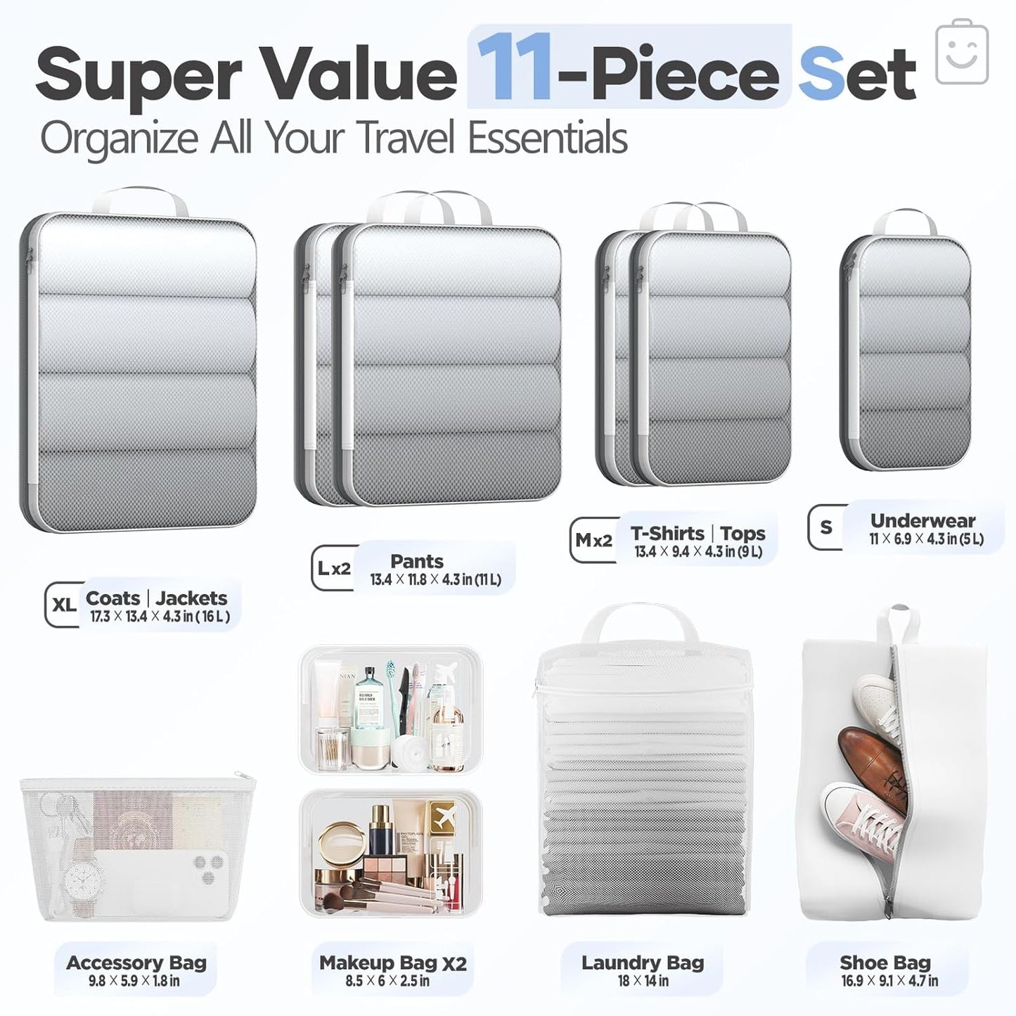 Veken 11 Set Compression Packing Cubes for Travel Essentials,Compressible Expandable Large Luggage