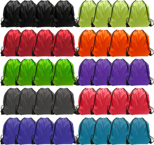 GoodtoU 40 Pack Drawstring Backpacks Bulk - Waterproof Nylon Cinch Bags for School, Gym, Homeless Care Packages (10 Colors) - Lightweight Reusable Sports Sack for Kids & Adults