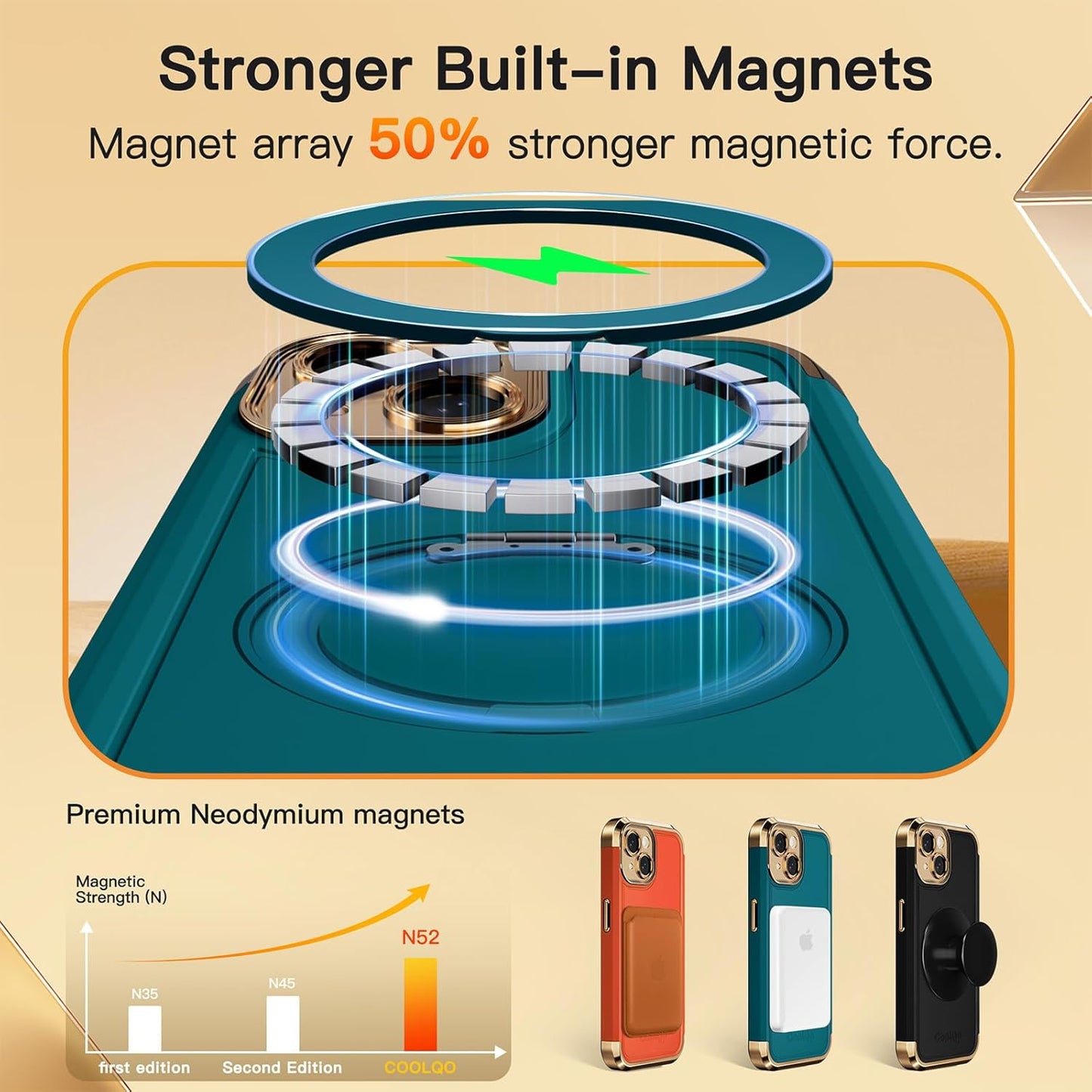 COOLQO for iPhone 15 Case 6.1'' Upgraded 360° Spin Magnetic Stand [Compatible with Magsafe][Military Protection] Plating Matte Scratch-Resistant Back Protective Shockproof Phone Case, Green Gold
