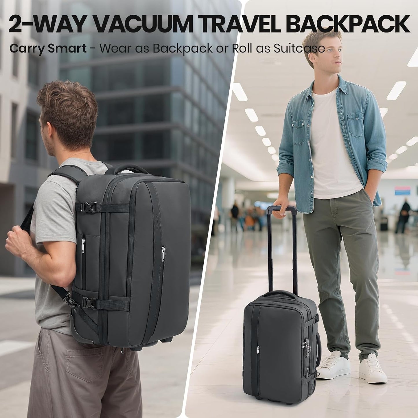Fanwoli Vacuum Rolling Travel Backpack, Carry On Luggage with TSA Lock & Anti Theft Zipper, 70L Expandable Airback with Compression Pump, Waterproof Laptop Bag Ideal for Flight & Business