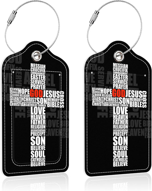 2 Pack Luggage Tag for Suitcase,Cross PU Leather Suitcase Tags Identifiers with Privacy Name Address Labels and Steel Loop for Women Men Travel