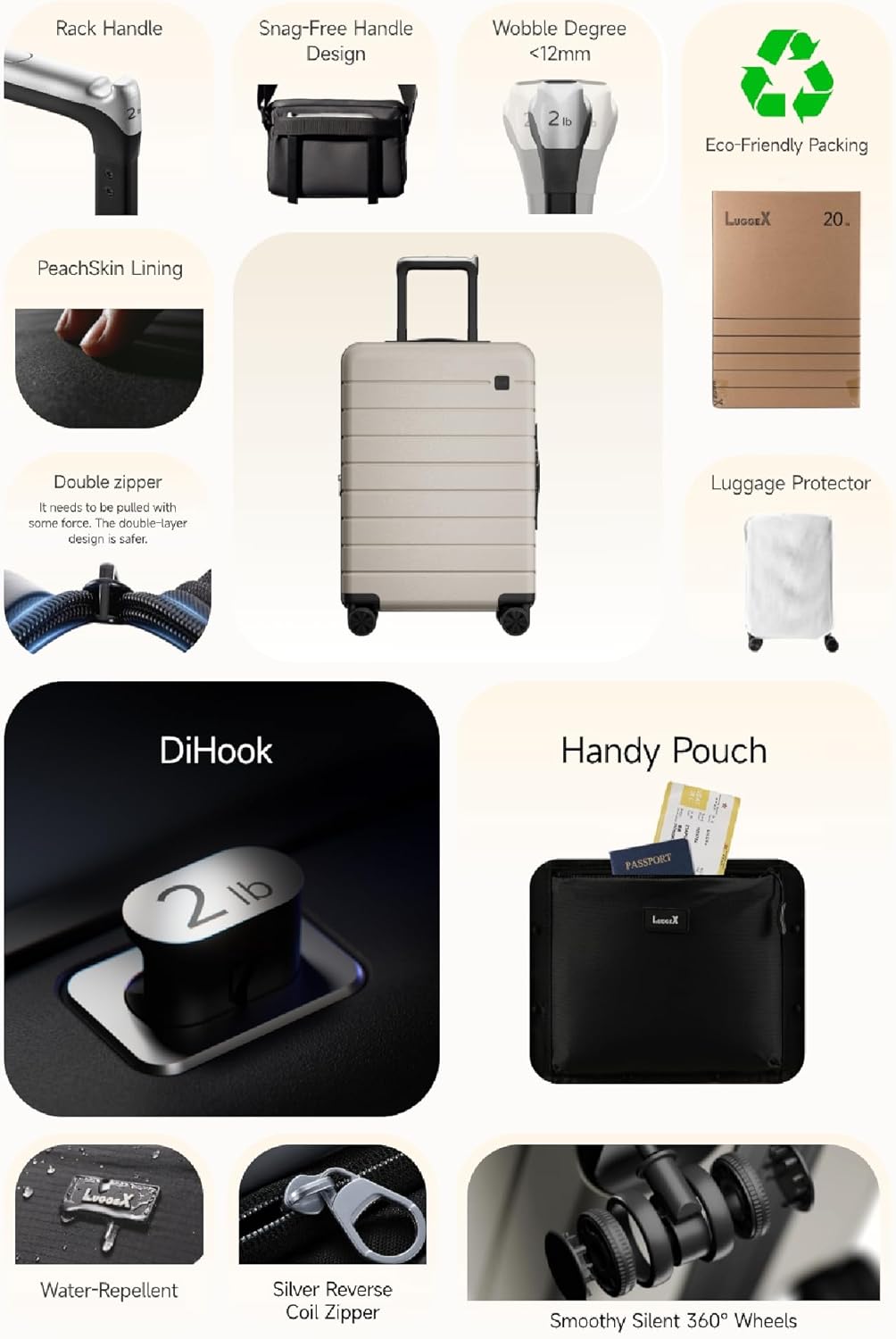 LUGGEX Carry On Luggage HUP3, Accelerate Access with DiHook, Handy Pouch, 20 inch Expandable Hard