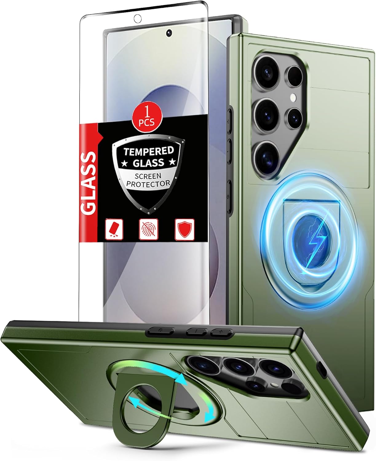 for Samsung Galaxy S25 Ultra Case Magnetic Compatible with MagSafe Wireless Charging,with 1 Screen Protector,Built-in 360° Kickstand Ring Anti-Scratch Shockproof Heavy Duty Protection Green