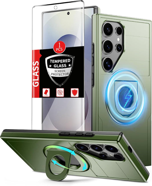 for Samsung Galaxy S25 Ultra Case Magnetic Compatible with MagSafe Wireless Charging,with 1 Screen Protector,Built-in 360° Kickstand Ring Anti-Scratch Shockproof Heavy Duty Protection Green