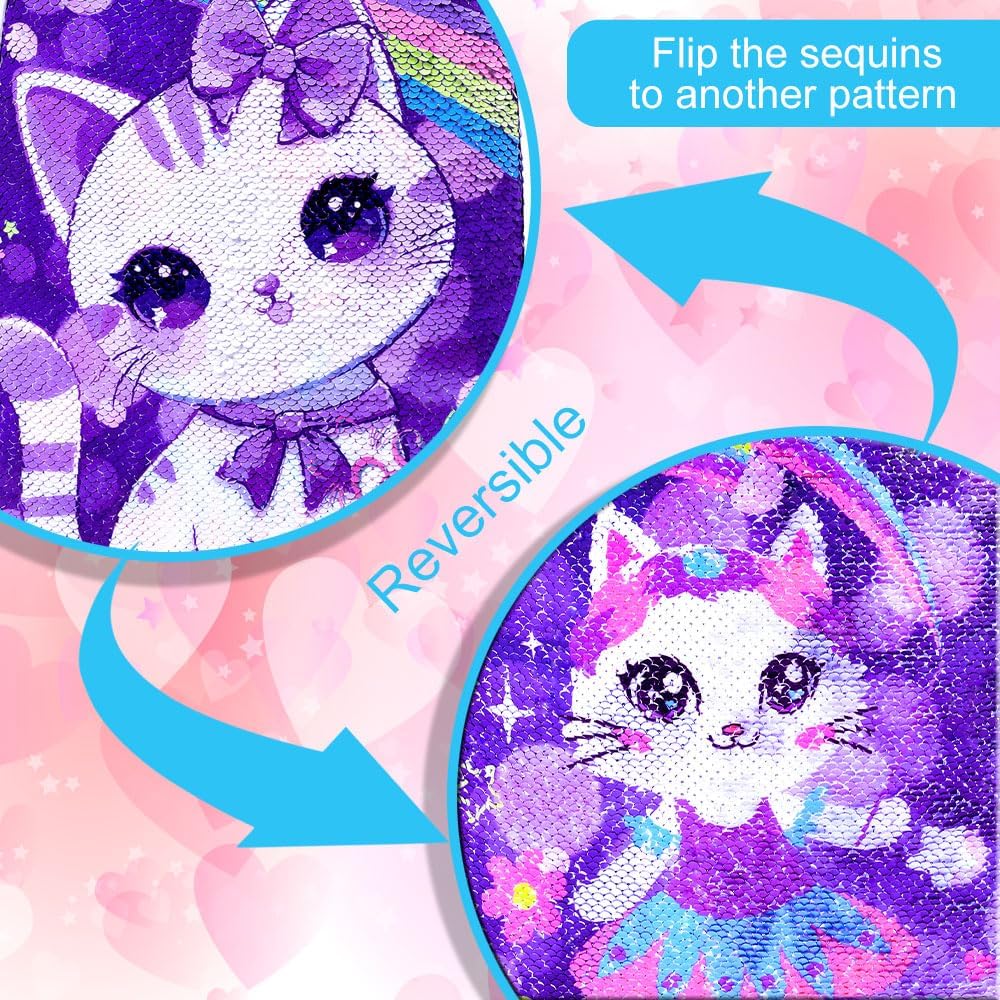 CCJPX 16" Cat Backpack for Girls, 3Pcs Kids Preschool Bookbag, Cute Water Sequin Resistant School Bag for Teen Kindergarten Toddler (Purple)