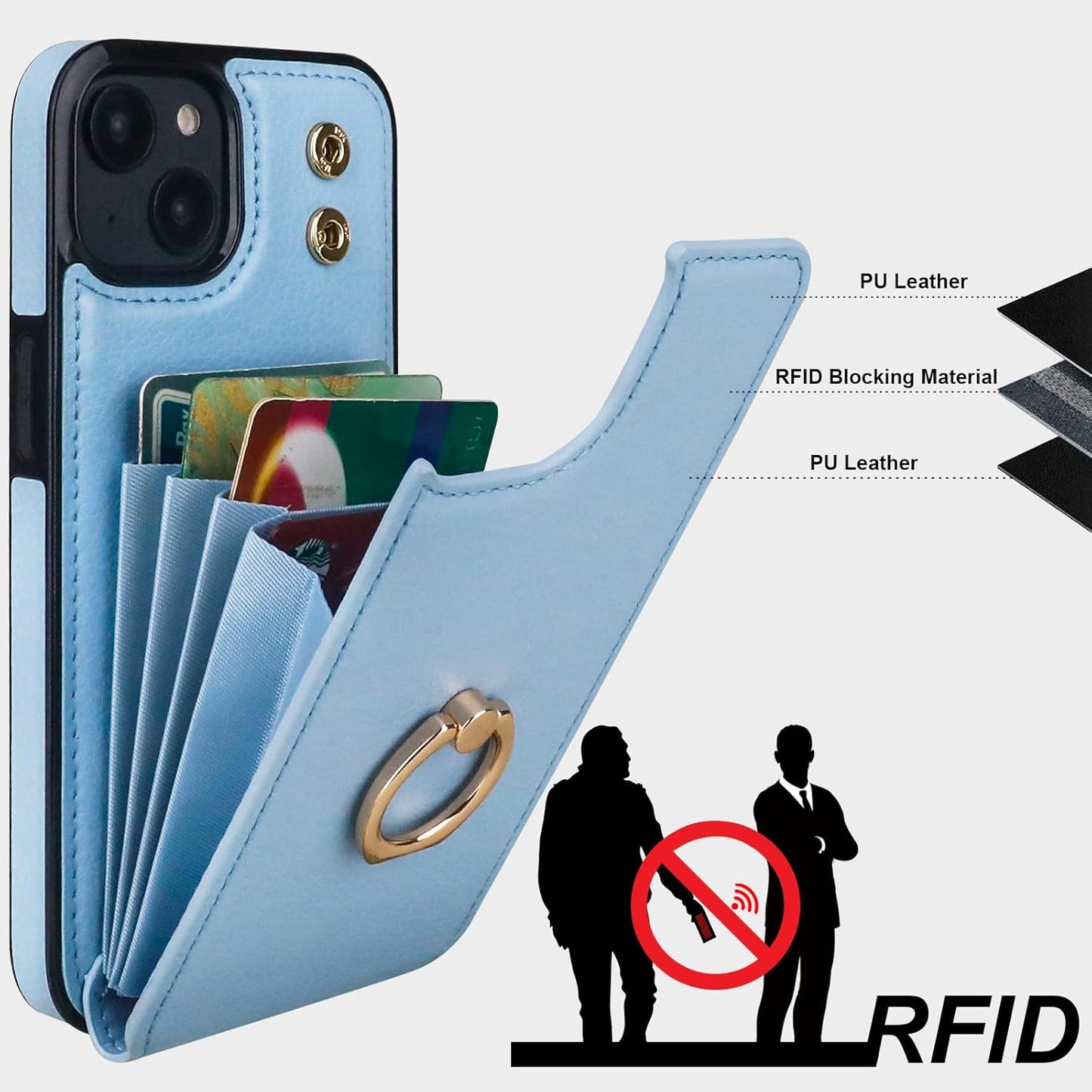 Folosu Compatible with iPhone 14 Plus Case Wallet with Card Holder, 360°Rotation Finger Ring Holder Kickstand, RFID Blocking Leather Protective Double Buttons Shockproof Cover 6.7 Inch Blue