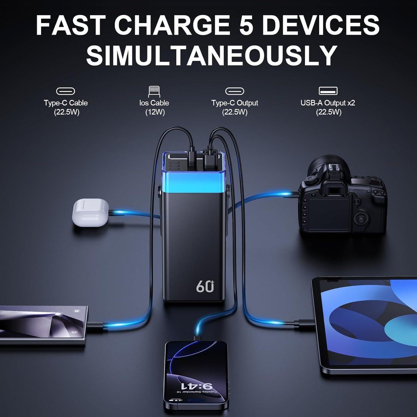 Power Bank 60000mAh 22.5W Fast-Charging Portable Charger with Built-in Cables for iPhone 16/15/14/13, Xiaomi, Travel Camping Outdoor