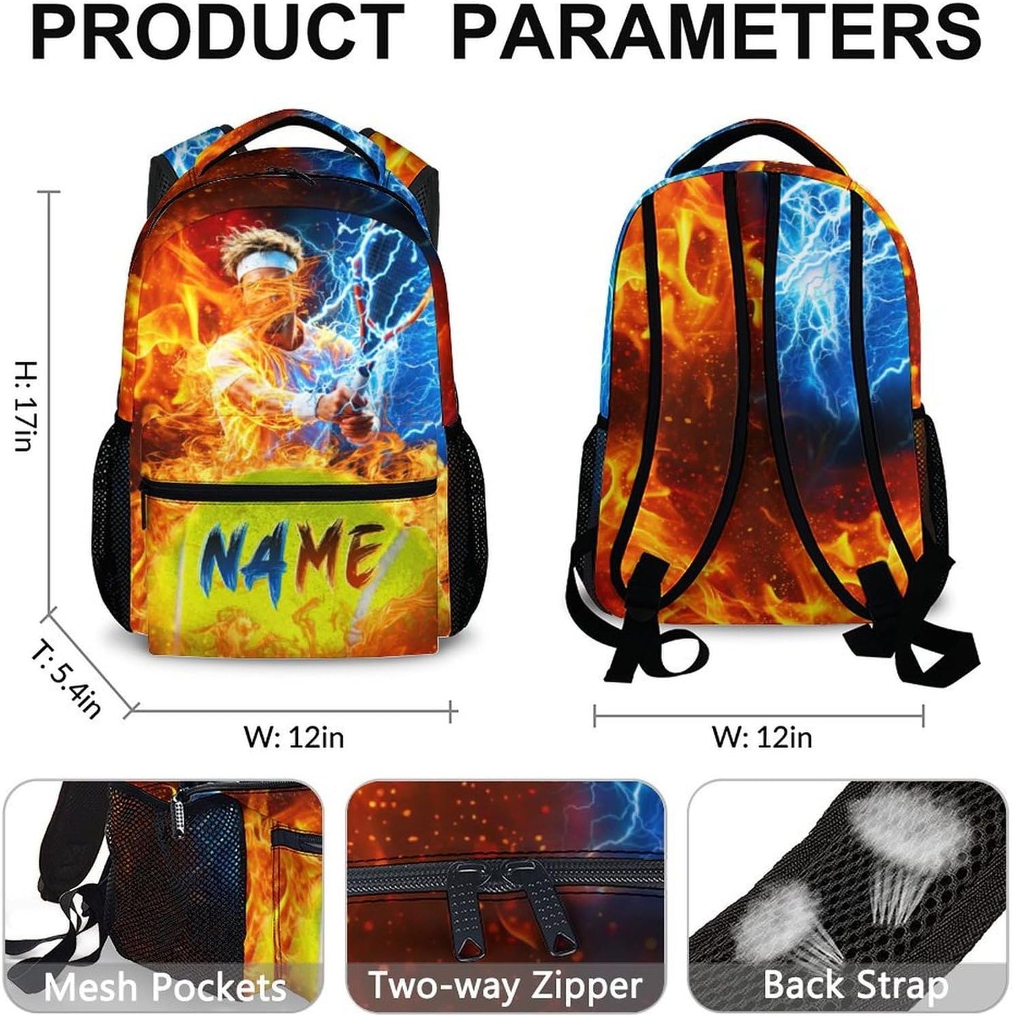 Backpack for Boys Kids, Personalized Tennis Backpacks with Name for Elementary Middle Primary High Senior, 17 Inch Lightweight Custom Cool Sport Bookbag, Ideal Back to School Supplies