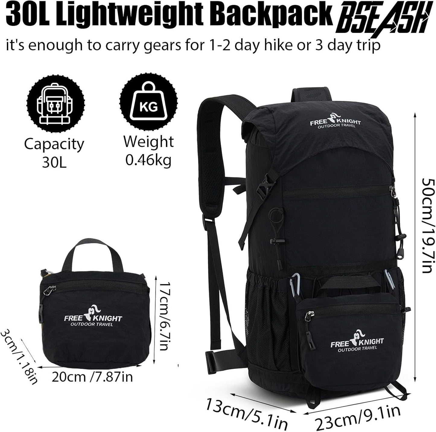 Bseash 30L Lightweight Hiking Backpack, Outdoor Sport Waterproof Travel Bag Daypack for Cycling Climbing Skiing (Black)