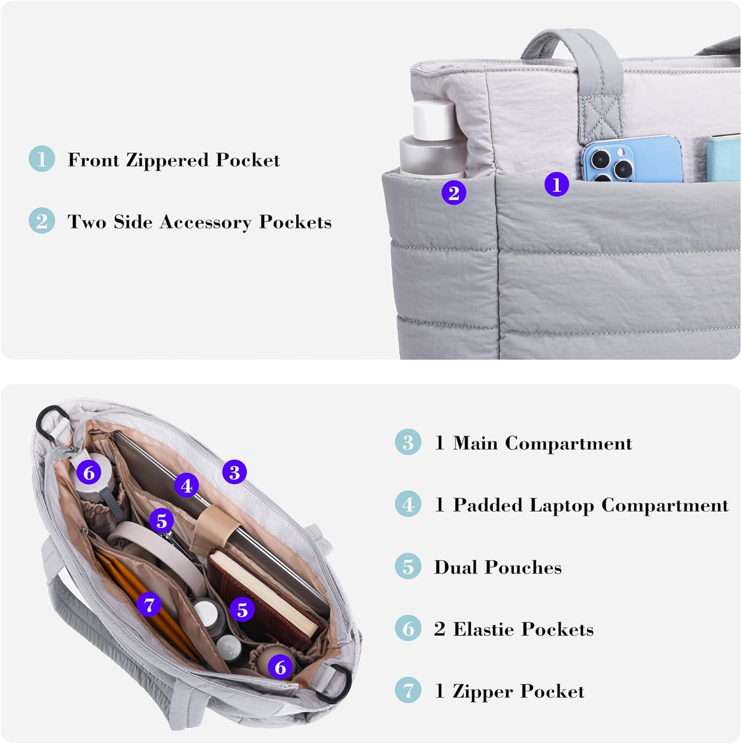 AOCINA Puffy Tote Bag for Women Quilted Work Bag Nurse Bags Women's Handbags for Travel