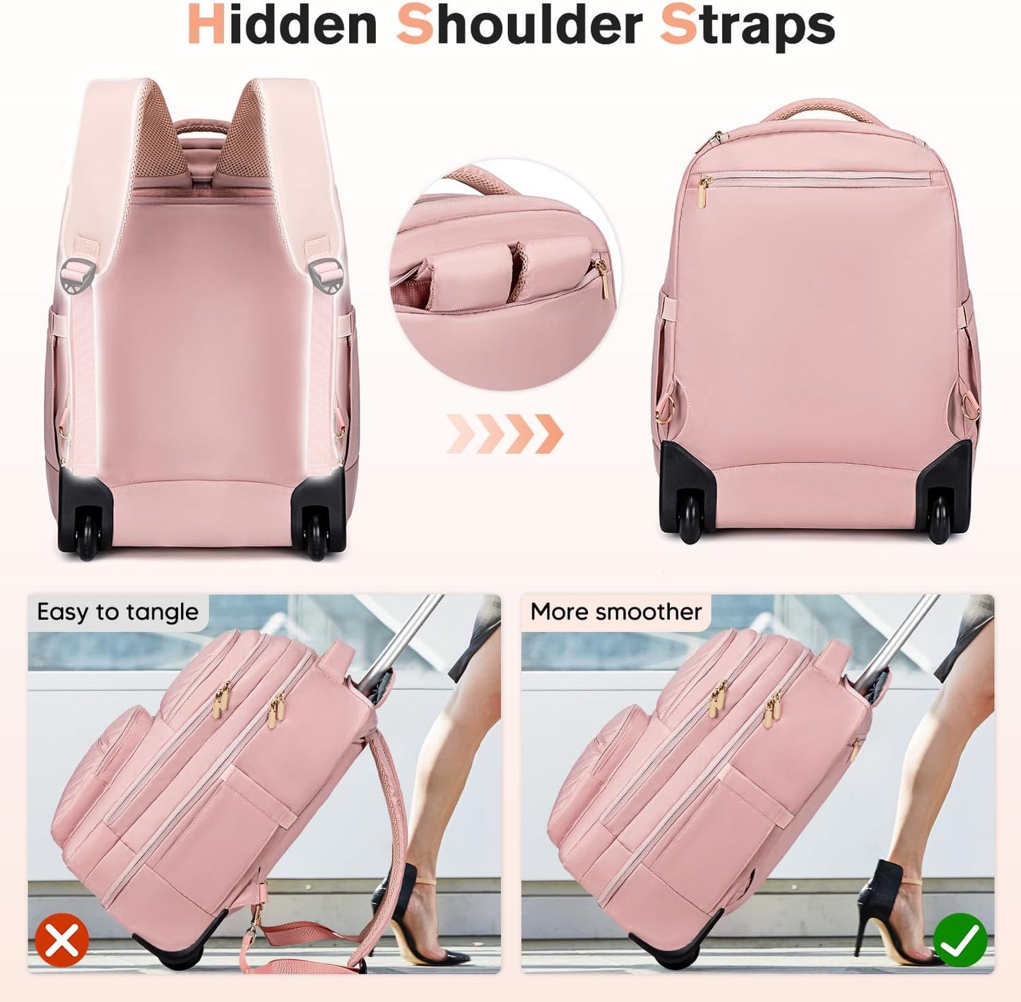 Rolling Backpack for Women Adults with wheels, 17.3 Inch Laptop Backpack Bag with Wheels for Travel Work Business (1Pc Backpack with 3 Packing Cubes)