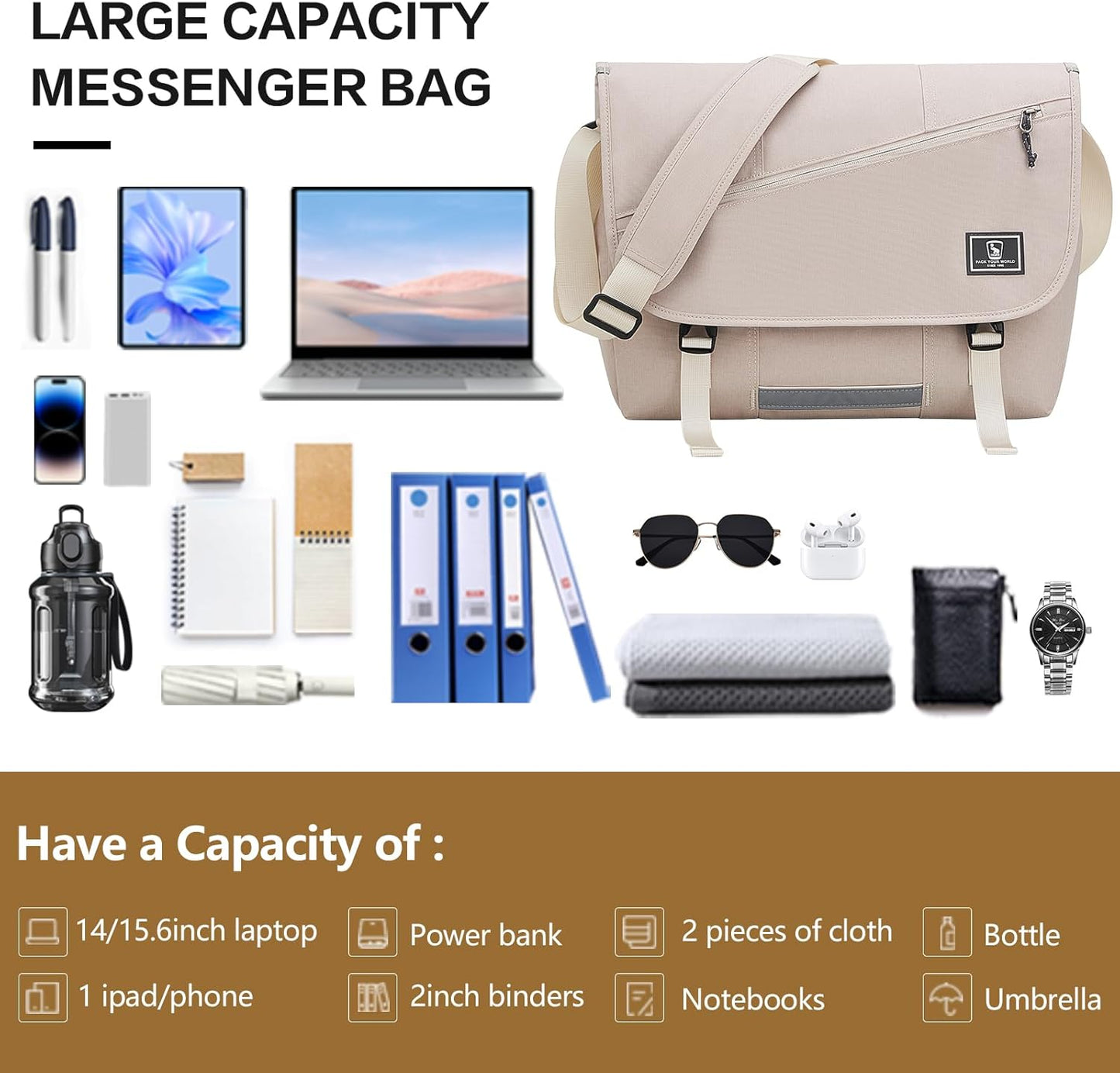 OIWAS Messenger Bag for Men, 15.6 Inch Laptop Crossbody Bags Women Casual Satchel Shoulder Bag College Travel Office Briefcase (15.6 Inch, White)