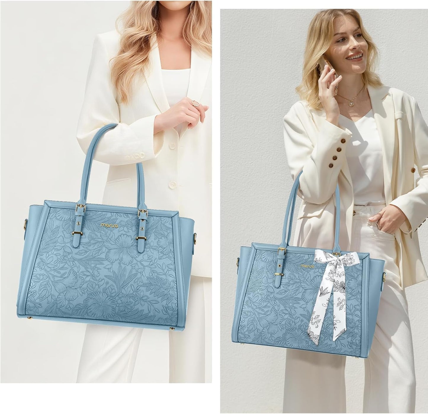 MOSISO Laptop Bag for Women, PU Leather Tote Bag, Front Embossed Retro Hibiscus Computer Bags with Silk Scarf&Clutch Purse