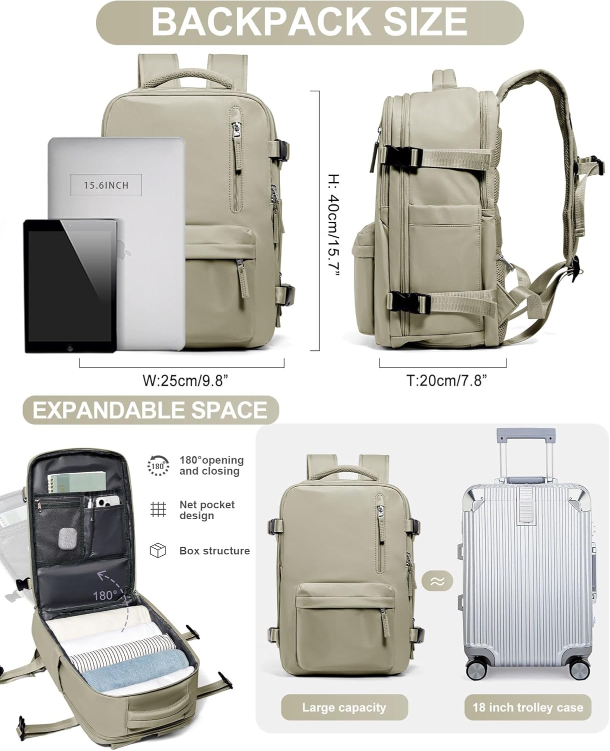 WONHOX Large Travel Backpack Carry on Flight Approved Laptop Work Business Backpack for Women Men Mochila de Viaje