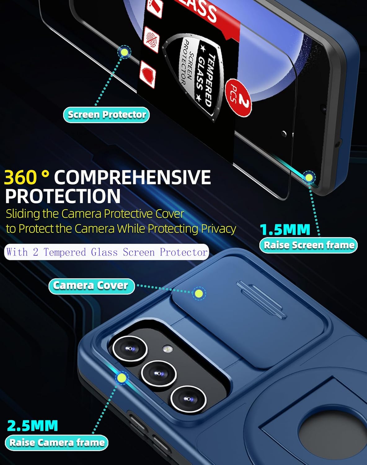 for Samsung Galaxy S23 FE Case Magnetic Compatible with MagSafe Wireless Charging,with 2 Screen Protectors,Built-in Stand Ring+Camera Cover Anti-Scratch Shockproof Heavy Duty Protection Blue