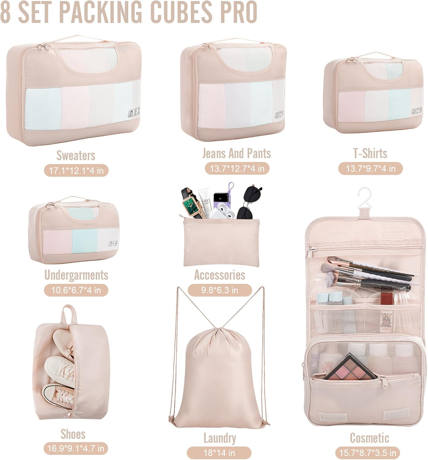 Veken 8 Set Packing Cubes for Travel, Birthday Gifts for Women Mom Her, Cruise Ship Essentials Accessories for Beach Vacation, Suitcase Organizer Bags for Luggage with Hanging Toiletry & Shoe Bag