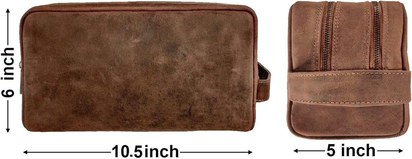 RUSTIC TOWN Full Grain Leather Travel Toiletry Bag - Cosmetic Makeup Kit Organizer (Brown)