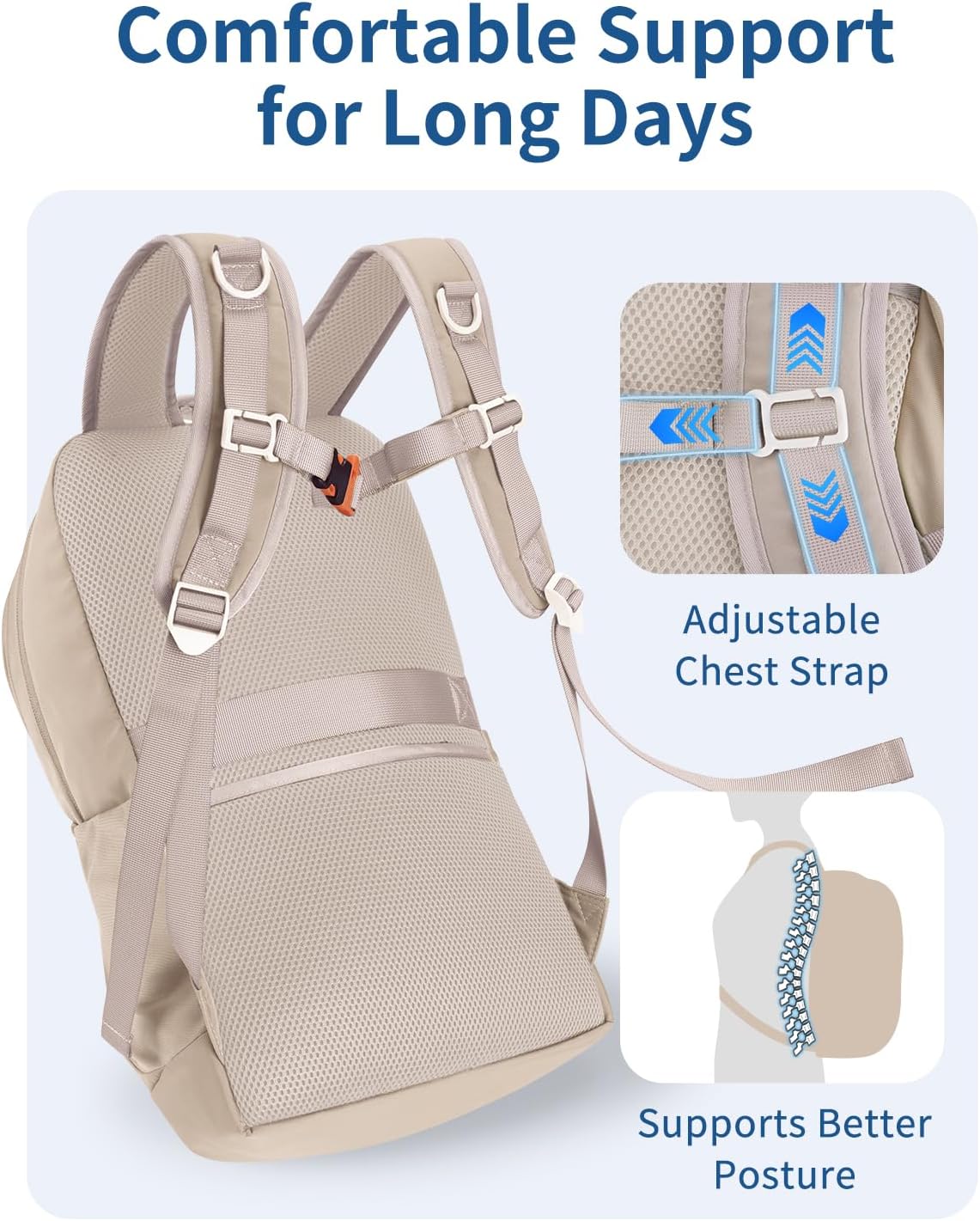 WANDF 15.6-Inch Laptop Backpack for Women, Travel Backpack Water-Resistant Lightweight College Backpack for Work Casual Business Weekender (Khaki)