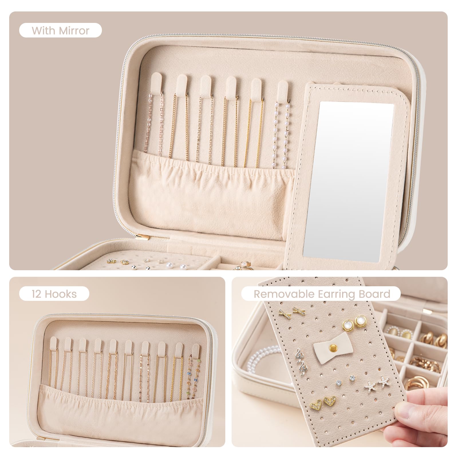 Lolalet Travel Jewelry Case for Women Girls -Medium, White