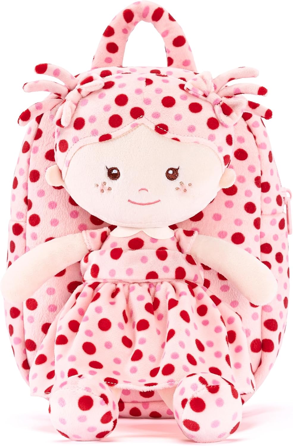 Onetoo Toddler Backpack Back to School Gifts for Girls Plush Backpack Kids Backpacks with Soft Light Baby Dolls in Red Polka Dots Dress 9"