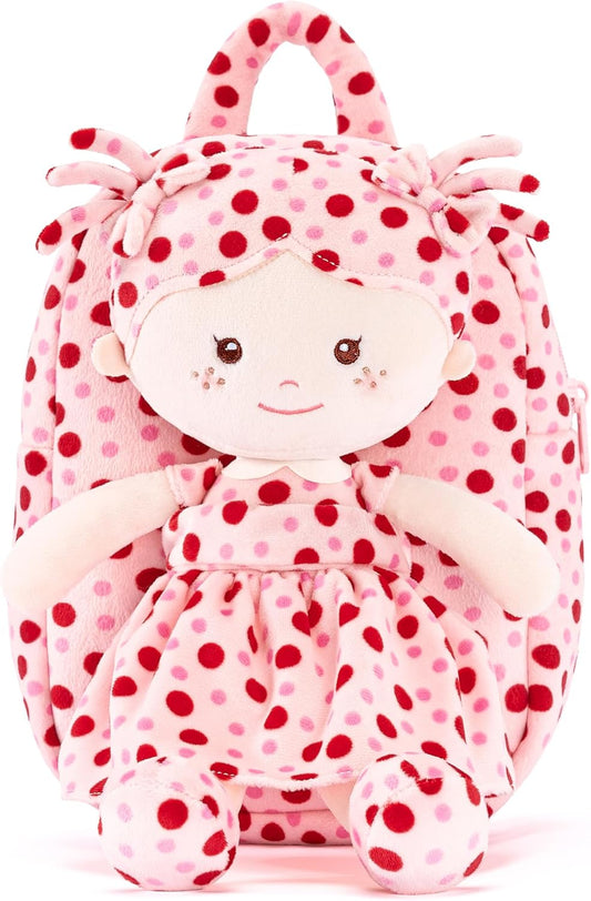 Onetoo Toddler Backpack Back to School Gifts for Girls Plush Backpack Kids Backpacks with Soft Light Baby Dolls in Red Polka Dots Dress 9"