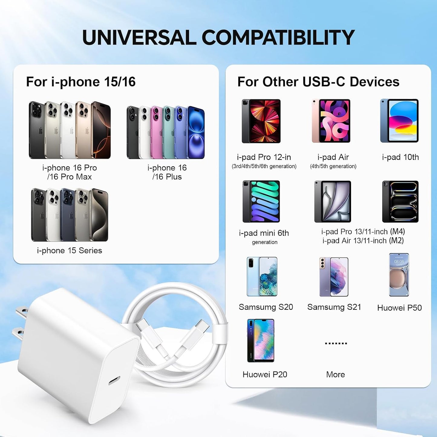 Compatible with i Phone 16 15 17 Charger, 2Pack 20W Fast Charging Wall Charger Block Cubes with 6/10FT USB C to USB C Cable Compatible with i Phone 16/Plus/Pro Max/15/Plus/Pro Max/iPad Pro - White