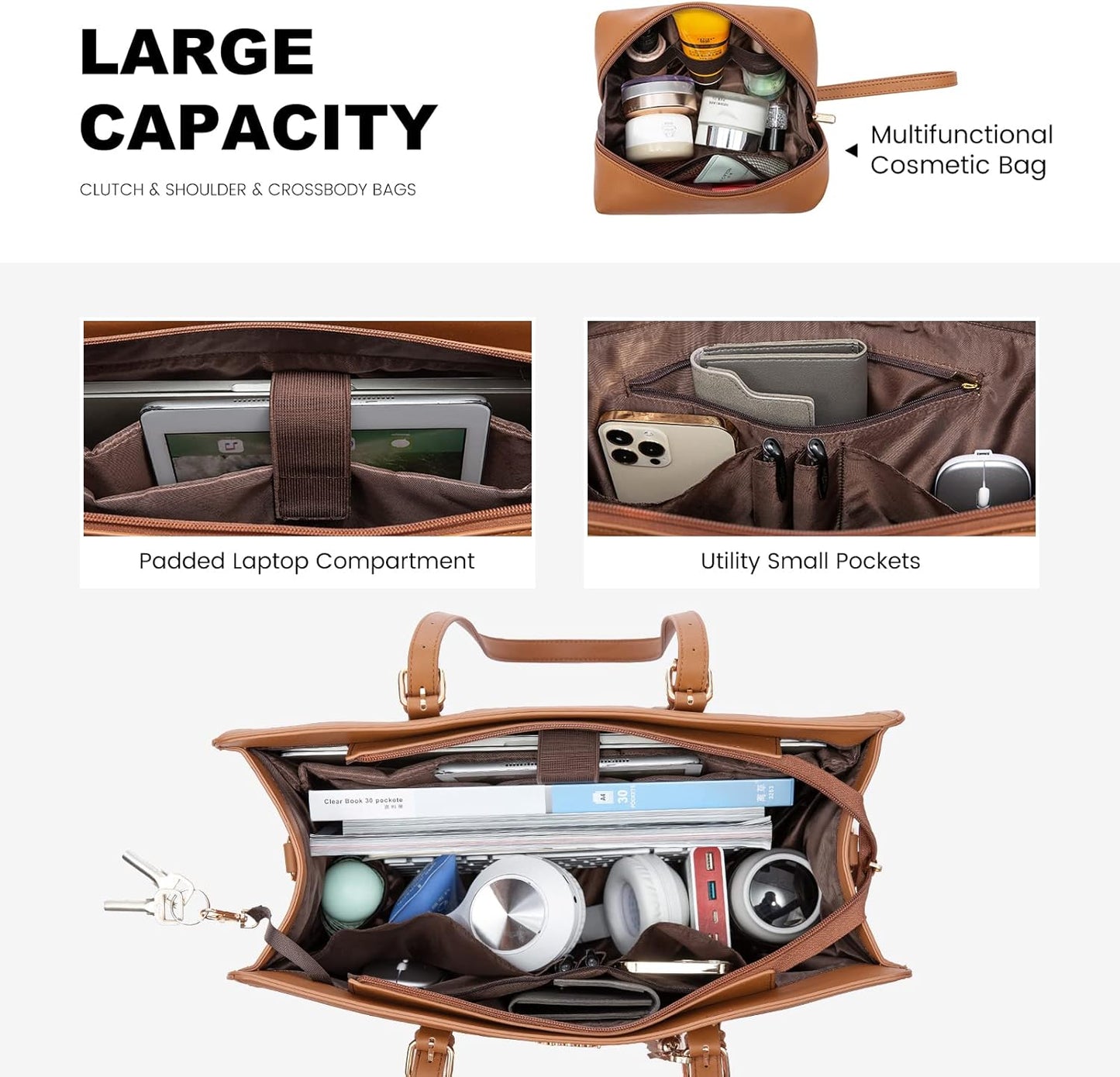 LOVEVOOK Laptop Bag for Women 15.6 inch Lightweight PU Laptop Tote, Large Capacity Computer Bag with Clutch Purse for Business, Work, Office, Travel, School, Casual (Brown & Leather)