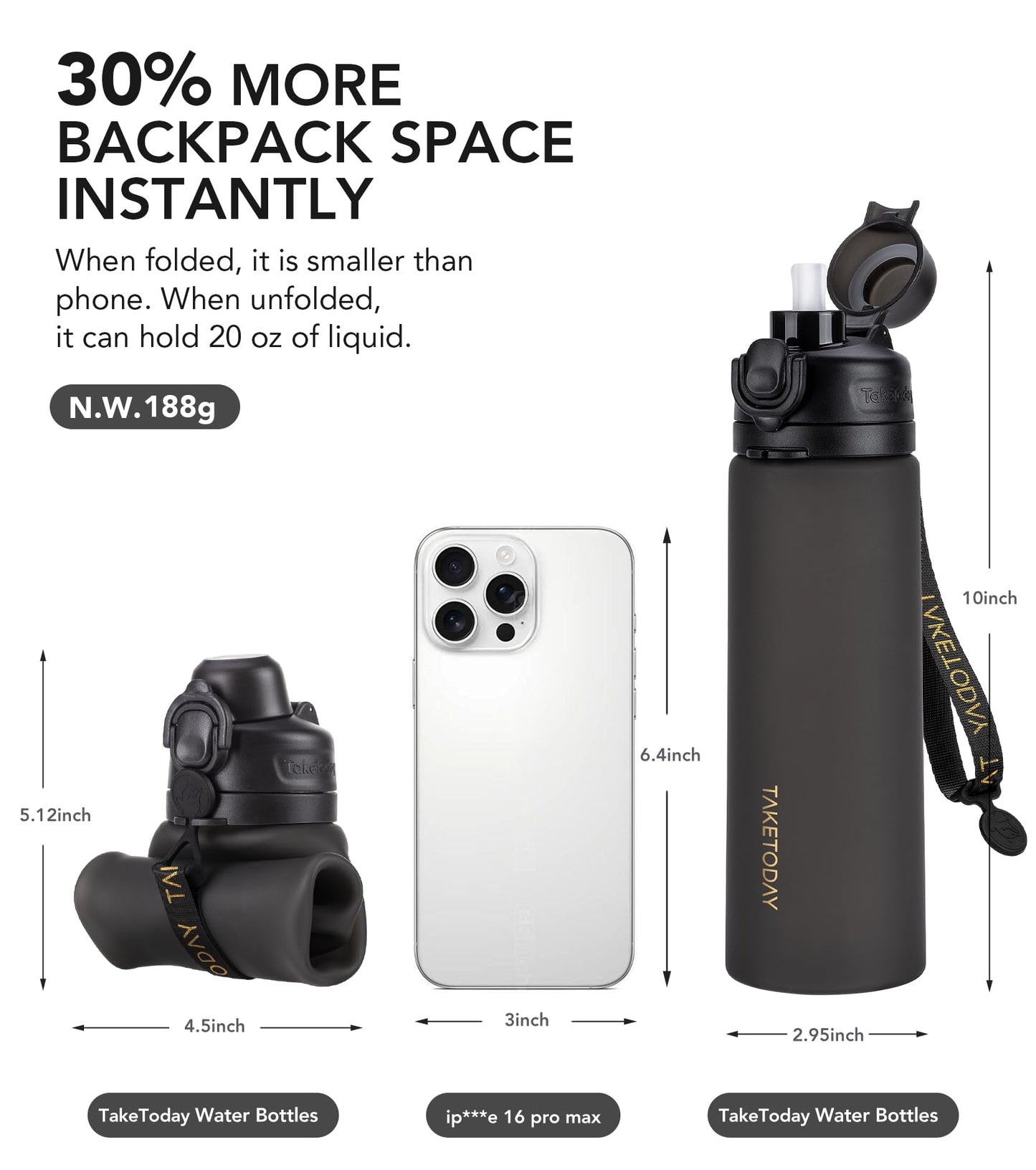 TakeToday Collapsible Water Bottles with Straw for Travel, 21oz, Jungle
