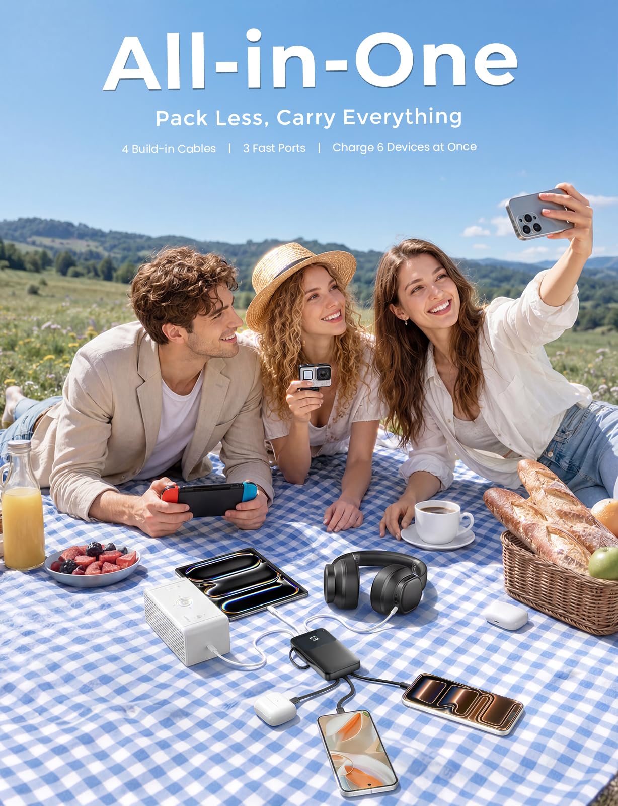 15000mAh Portable Charger Power Bank, Smaller Built-in 4 Cables, 22.5W