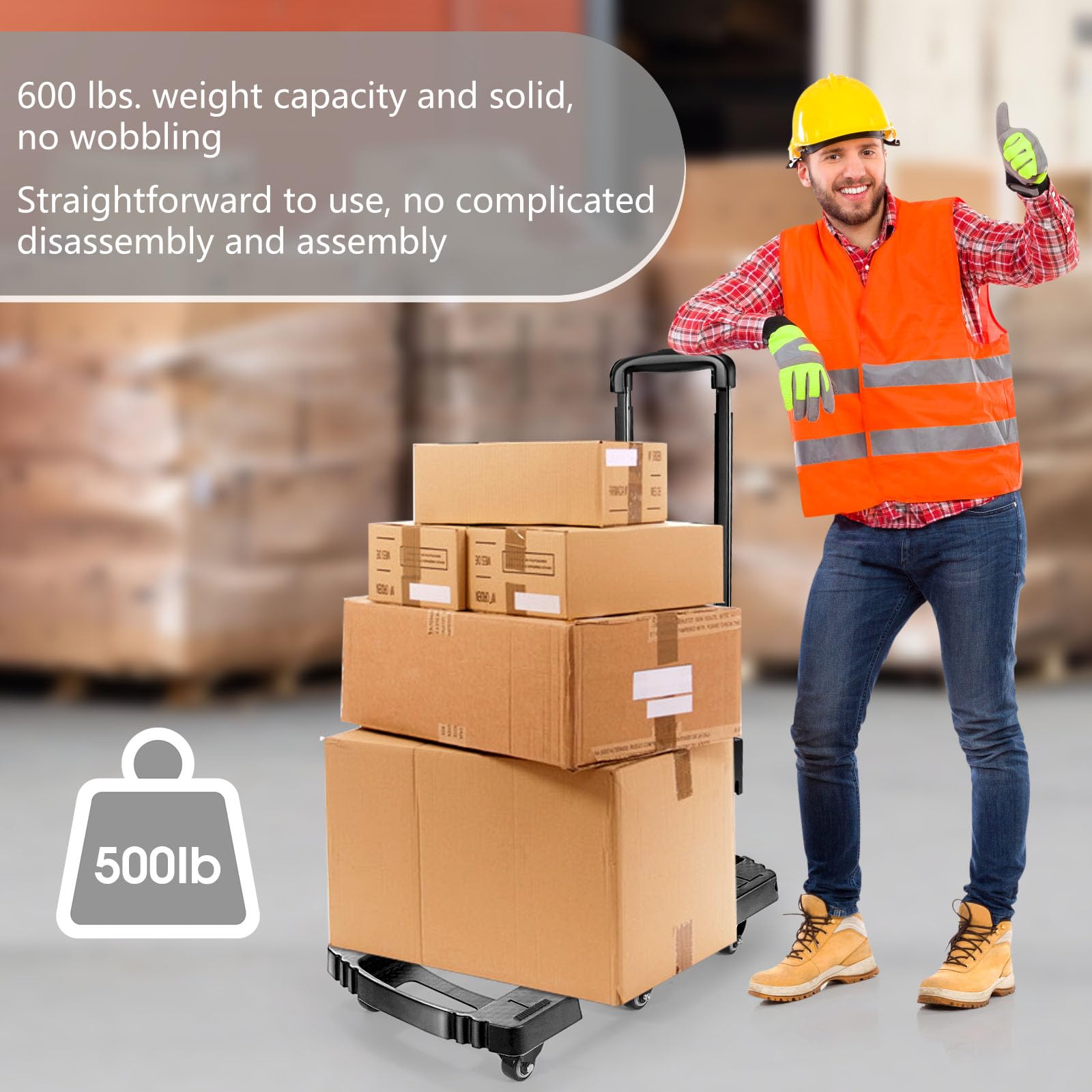 Voipvvii Folding Hand Truck 500lbs, Portable Heavy Duty Dolly Cart, 6 Wheels Collapsible Luggage