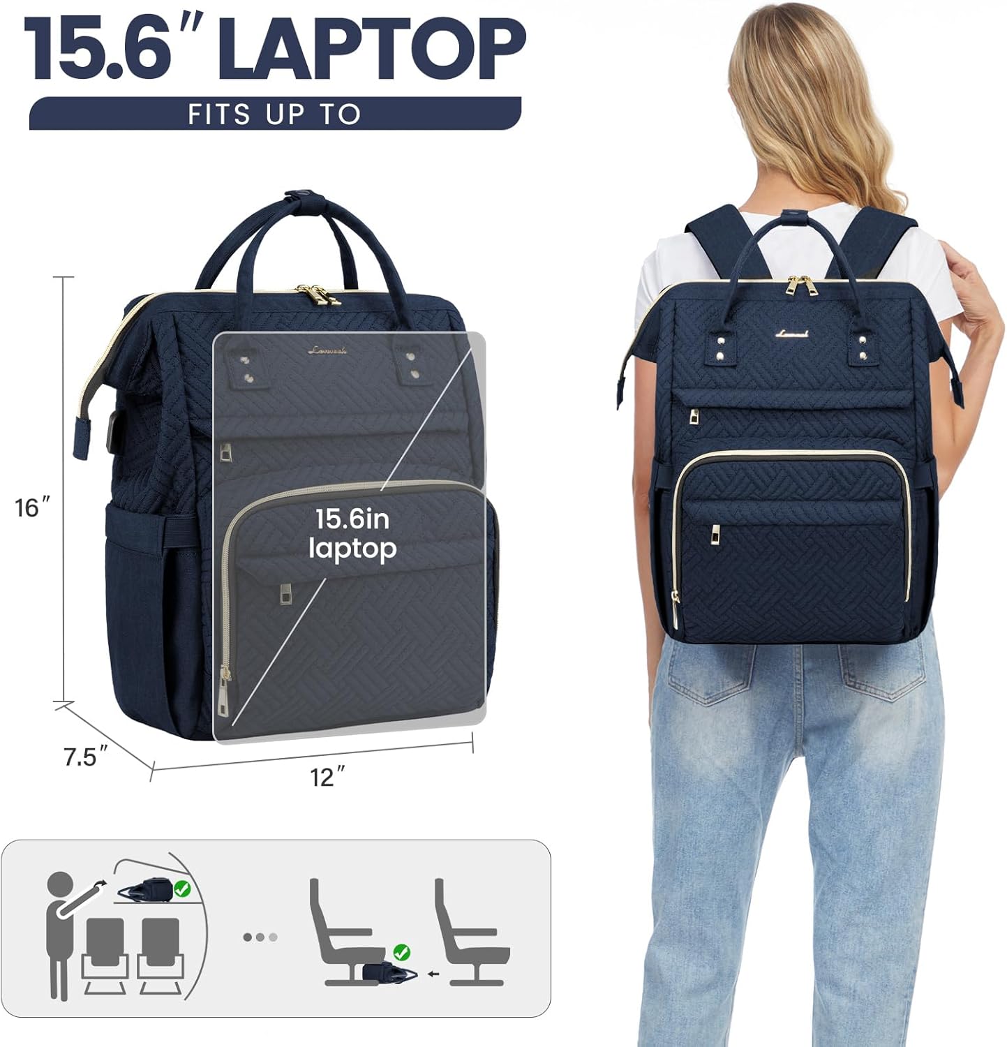LOVEVOOK Laptop Backpack for Women,15.6 Inch Professional Womens Travel Backpack Purse Computer Laptop Bag Nurse Teacher Backpack,Waterproof Work Bags Carry on Back Pack with USB Port,Dark Blue Plait