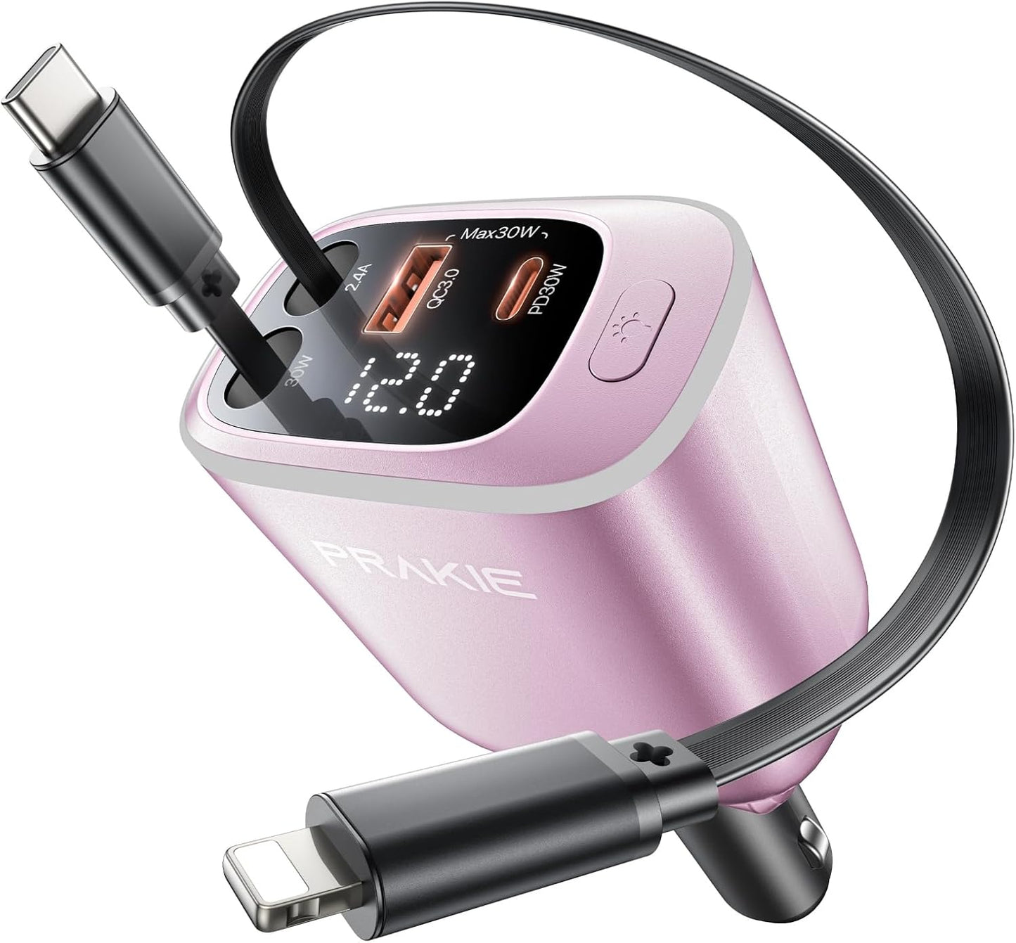 iPhone Car Charger, Retractable Fast USB C Phone Charger, 4 in 1 Cigarette Lighter Adapter with 2 Cables 30 Inch and 2 USB Ports, Multi Port USB Car Charging for iPhone 17/16/15/14/13/Pro Max-Pink