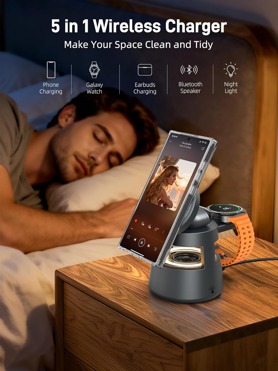 Wireless Charger for Samsung, 3 in 1 Magnetic Charging Station for Samsung Galaxy S25 Ultra/Z Fold7/Flip, Watch 8/Ultra/7/6/5, Galaxy Buds 3 Pro, with Bluetooth Speaker and Night Light (Gift Ideal)