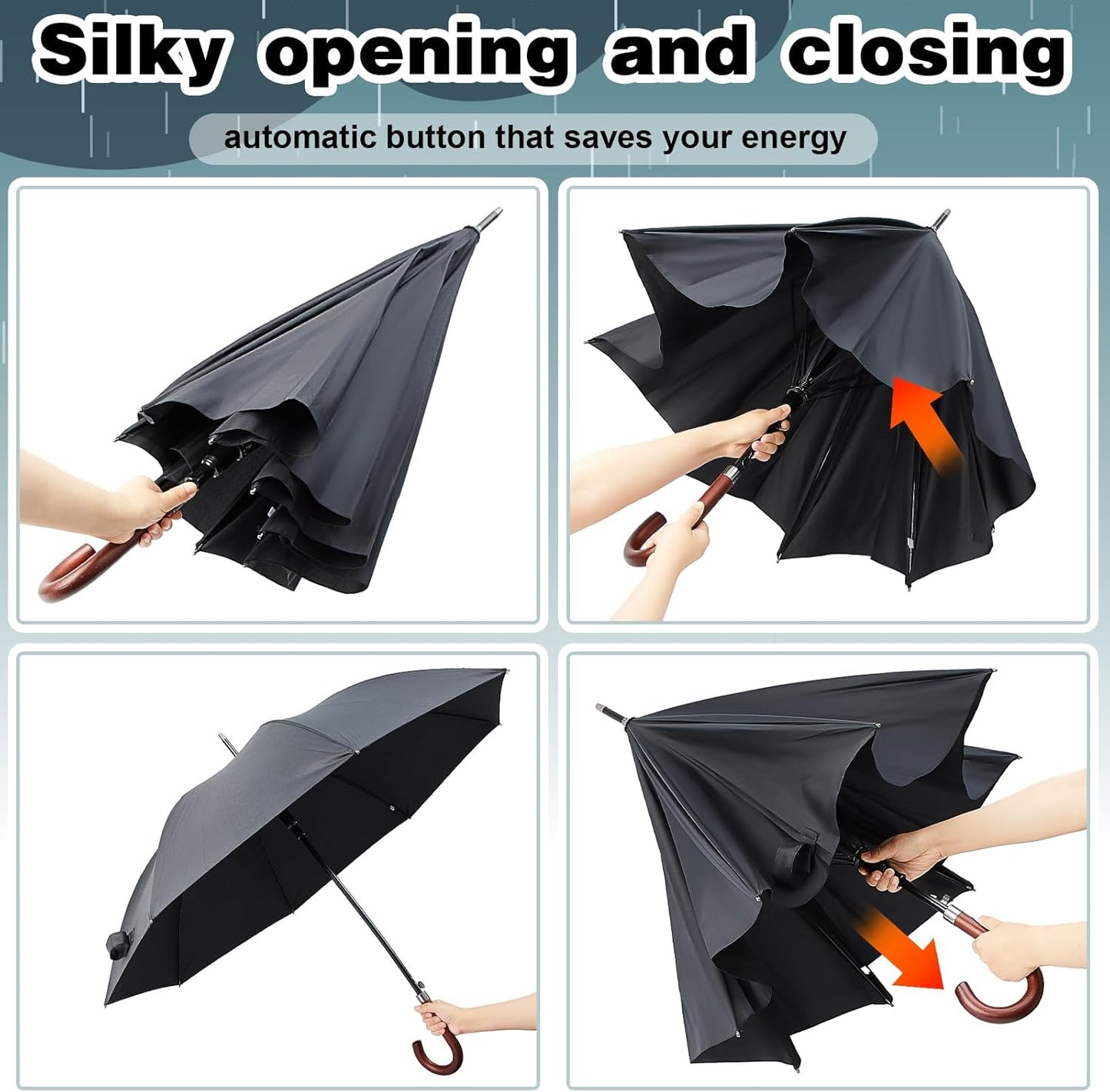 Silkfly 48 Inch Auto Open Umbrella Wooden J Stick Vintage Handle Windproof Unbreakable Wedding Fast Drying Rain Umbrella