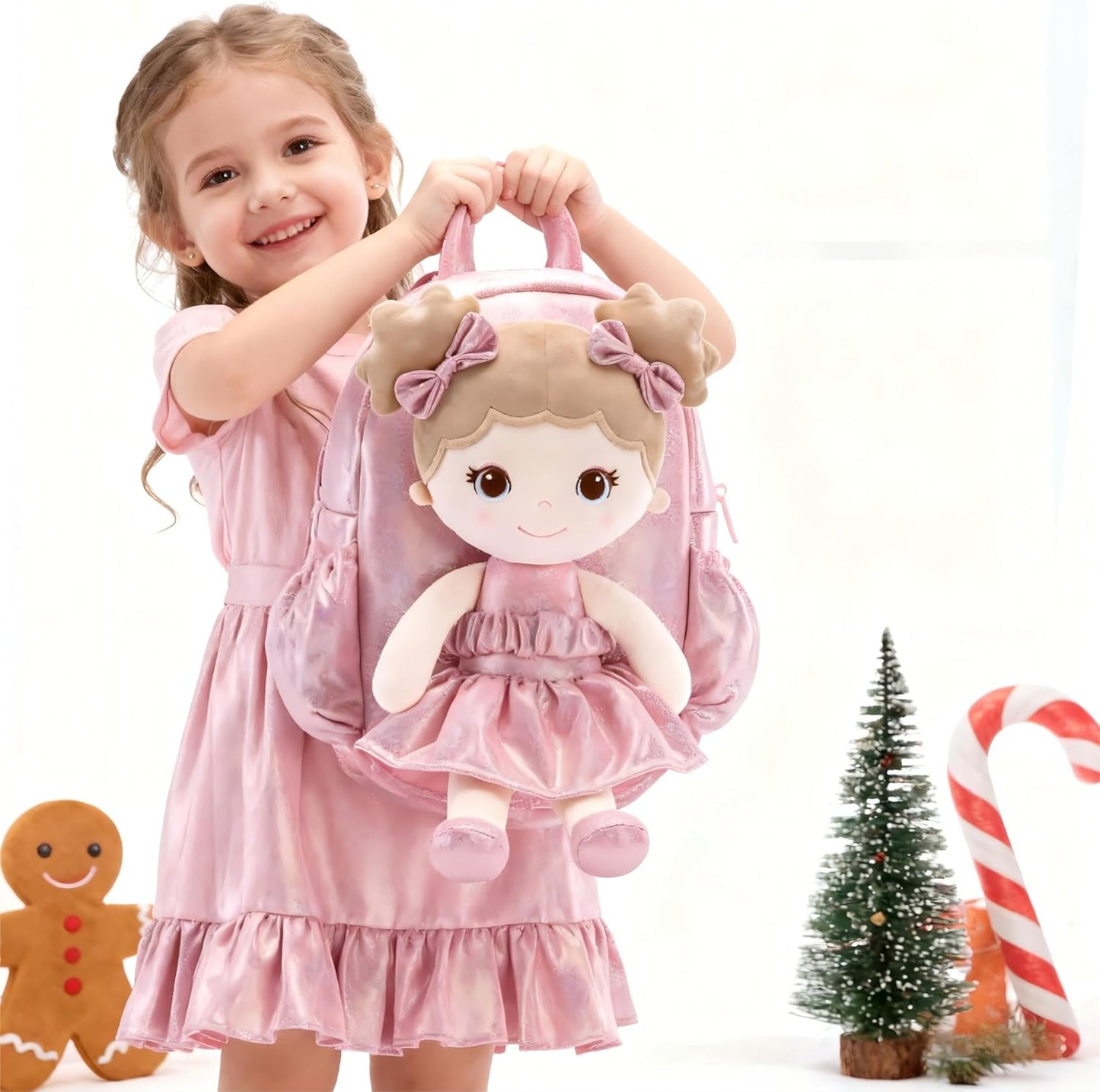 Lazada Toddler Backpack - Baby Girl Gifts Curly Fingerprints Plush Doll Dress Backpack - Fashion Girls Curly Rolled Fingerprints Series - Apricot Pink 11 Inches