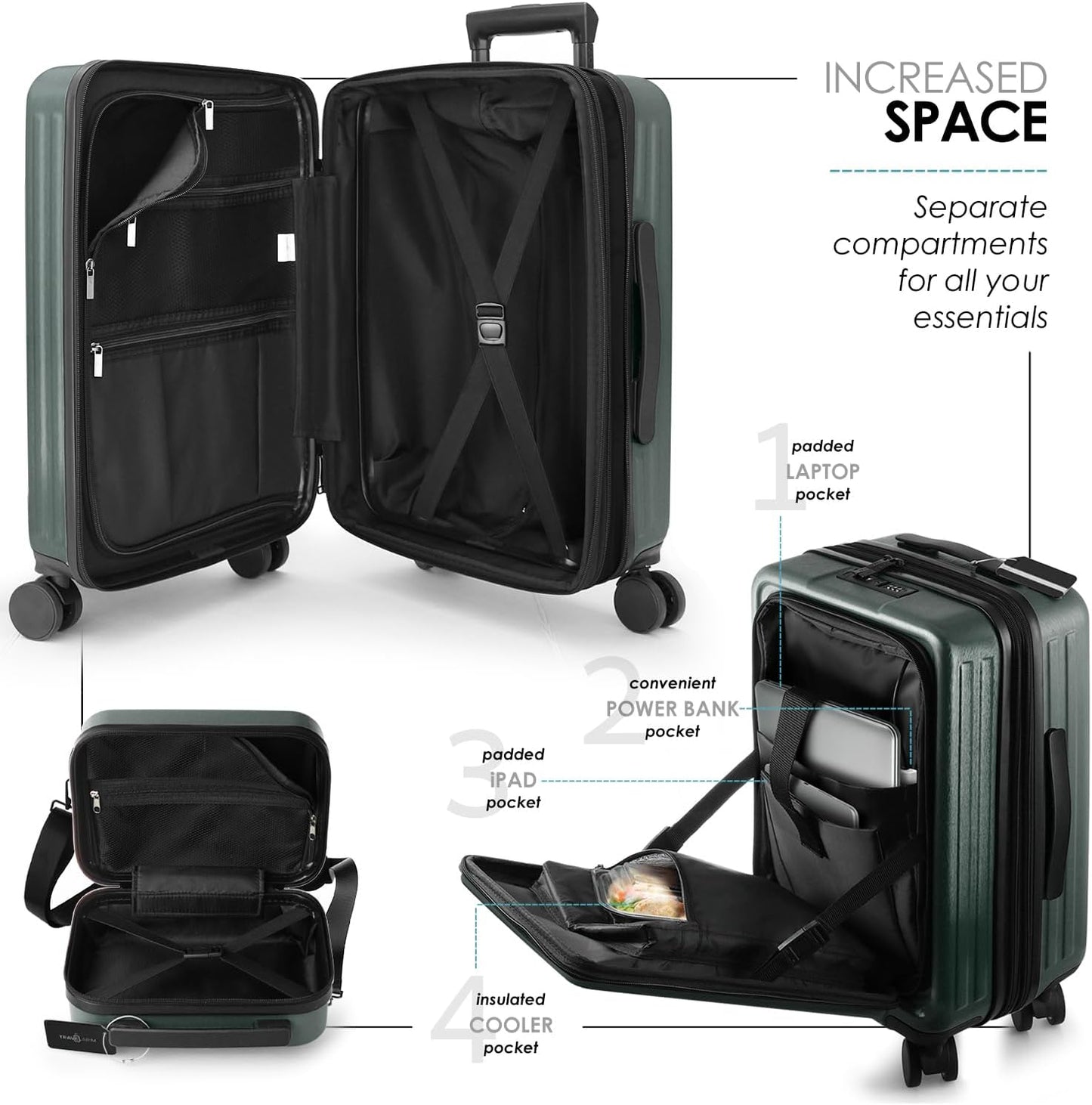 22 Inch Carry On Luggage 22x14x9 Airline Approved, Carry On Suitcase with Wheels, Hard-shell Carry-on Luggage, Durable Luggage Carry-On, Green Small Suitcase with Cosmetic Case