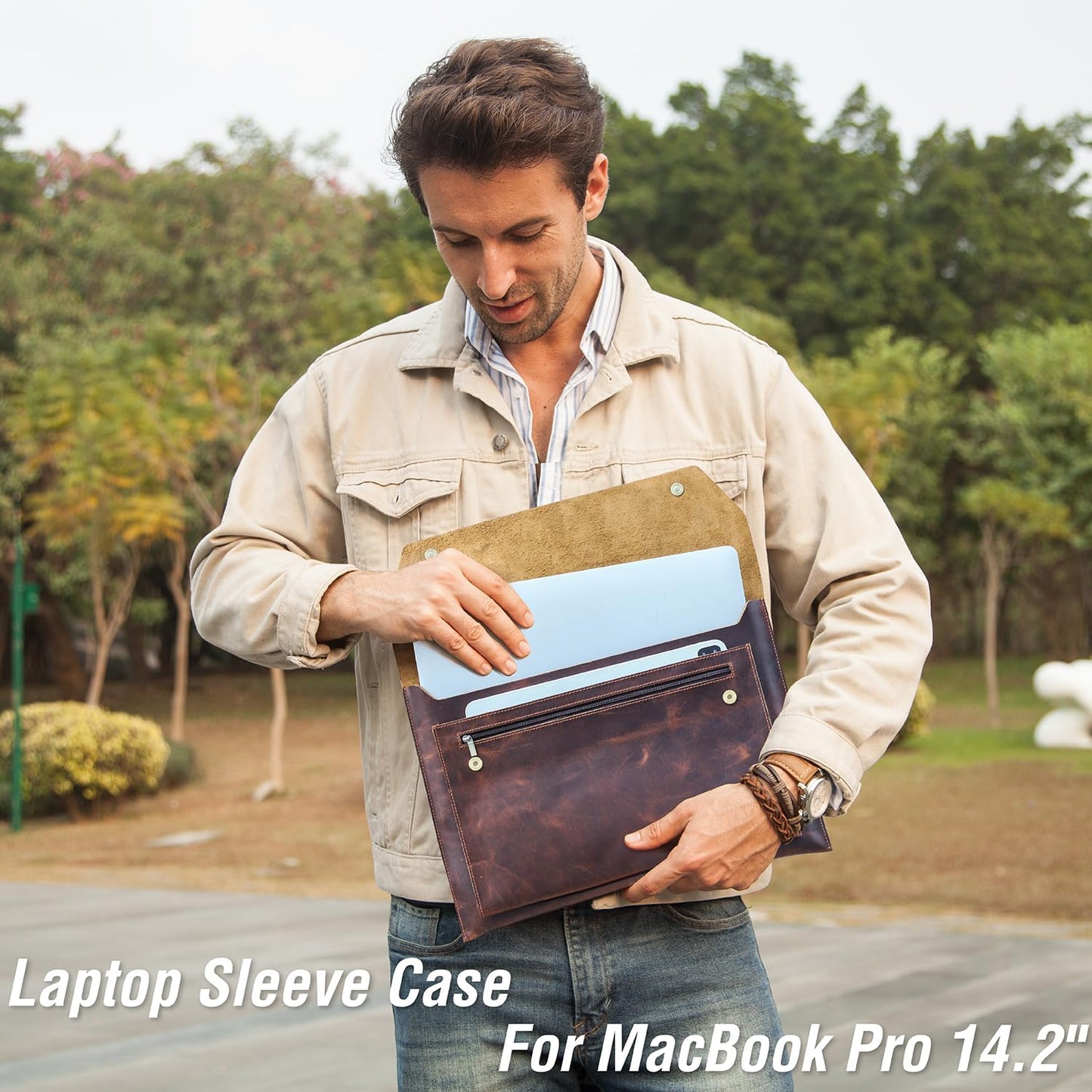 Top Grain Leather 14.2" Laptop Sleeve Bag, Magnet Snap Button Design & 3 Pockets, Compatible with