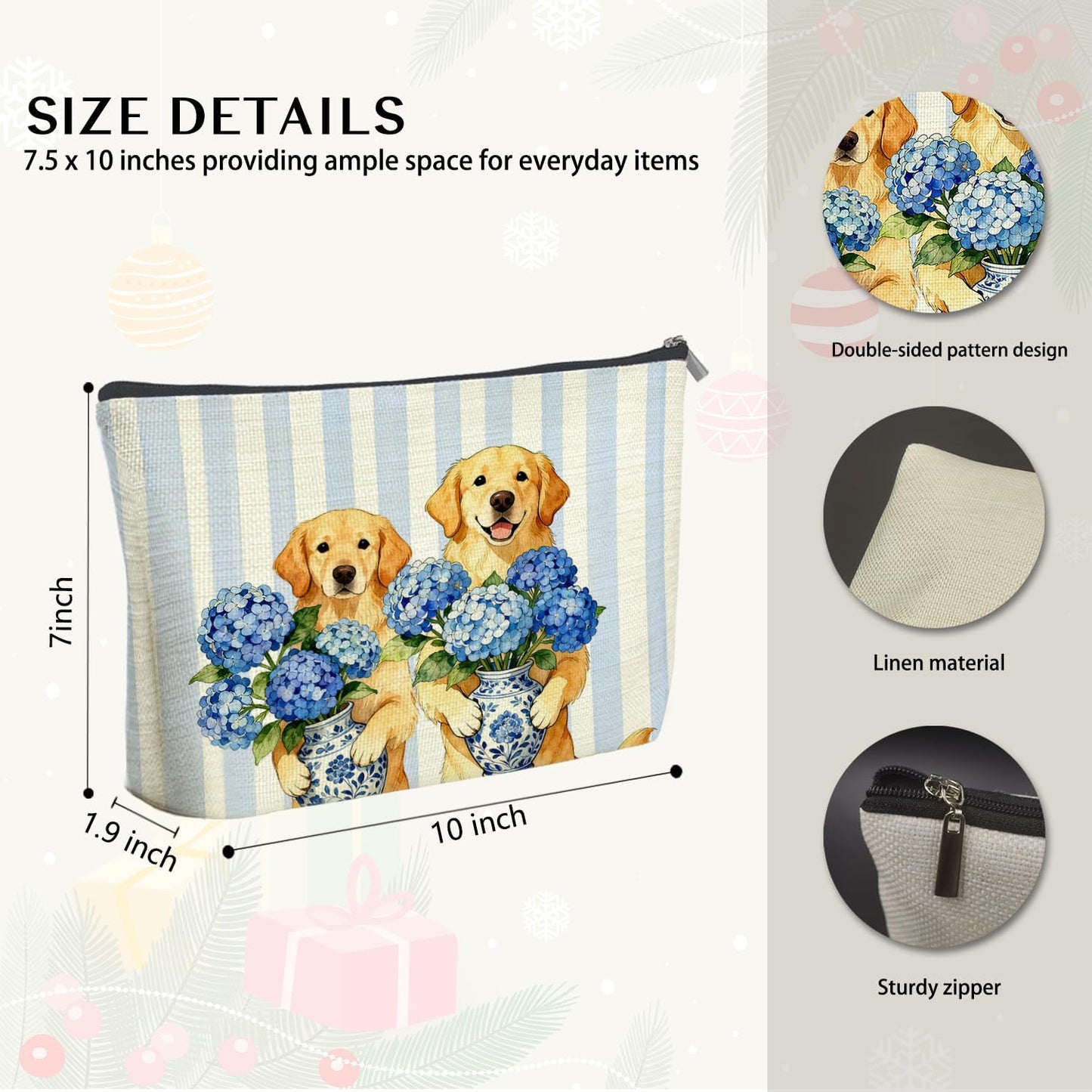 Blue Chinoiserie Hydrangea Golden Retriever Makeup Bag Gifts for Women, Golden Retriever Lovers Gifts Cosmetic Bag, Grandmillennial Floral Dog Striped Zipper Makeup Pouch Travel Toiletry Bag