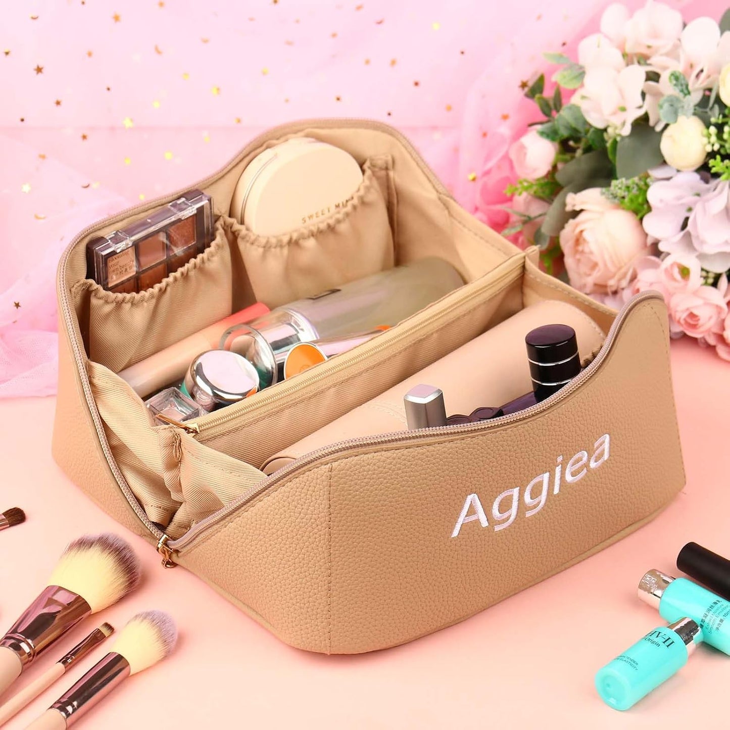 Customized Makeup Bag, Embroidered Custom Makeup Bag with Name Large Capacity Personalized Travel Makeup Bag for Women, Mothers Day Gift (Style 1)
